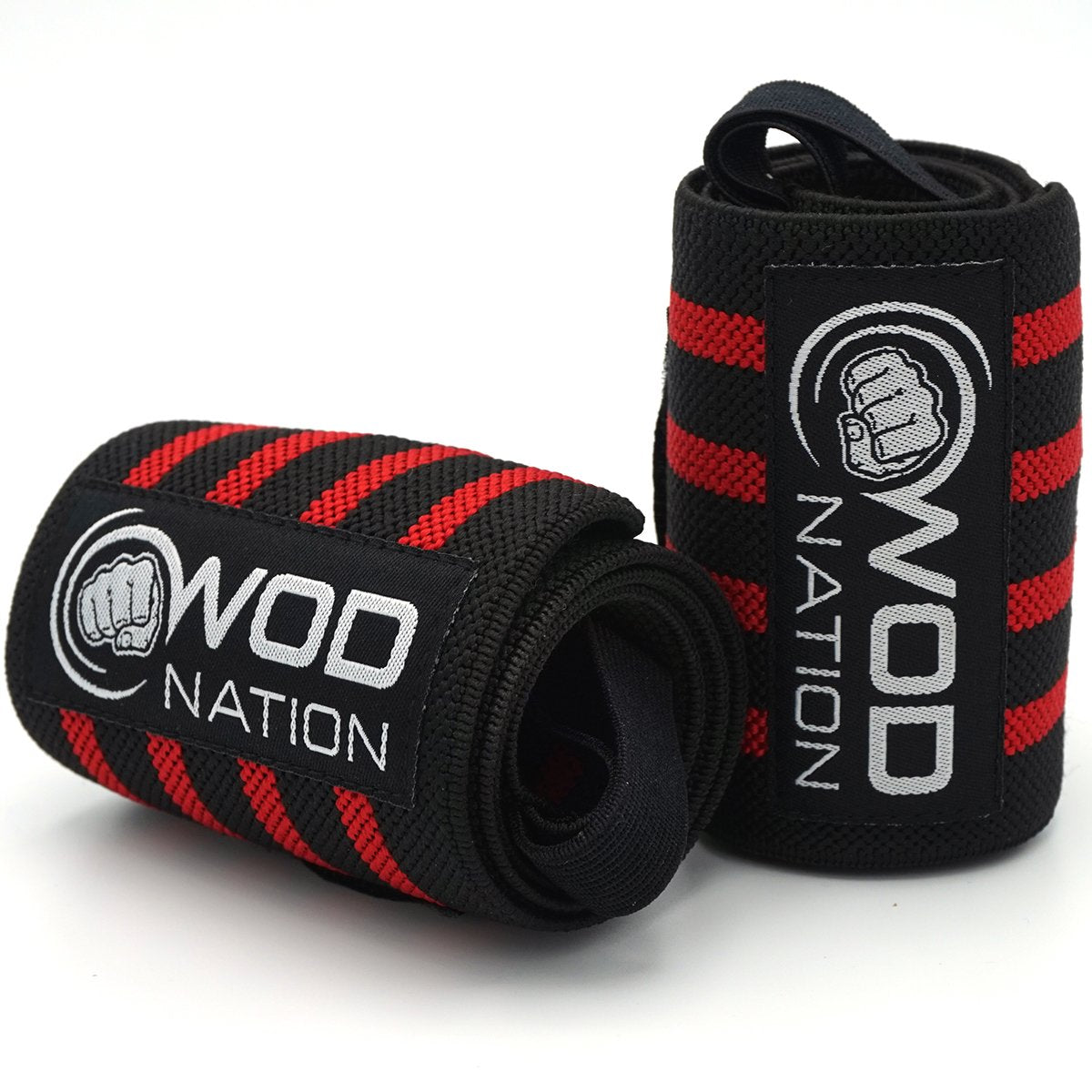WOD Nation Wrist Wraps for Weightlifting, 12” Professional Gym Wrist Straps w/Thumb Loop Men & Women, Wrist Support Wraps for Strength Training, Powerlifting & Bodybuilding (Black/Red)