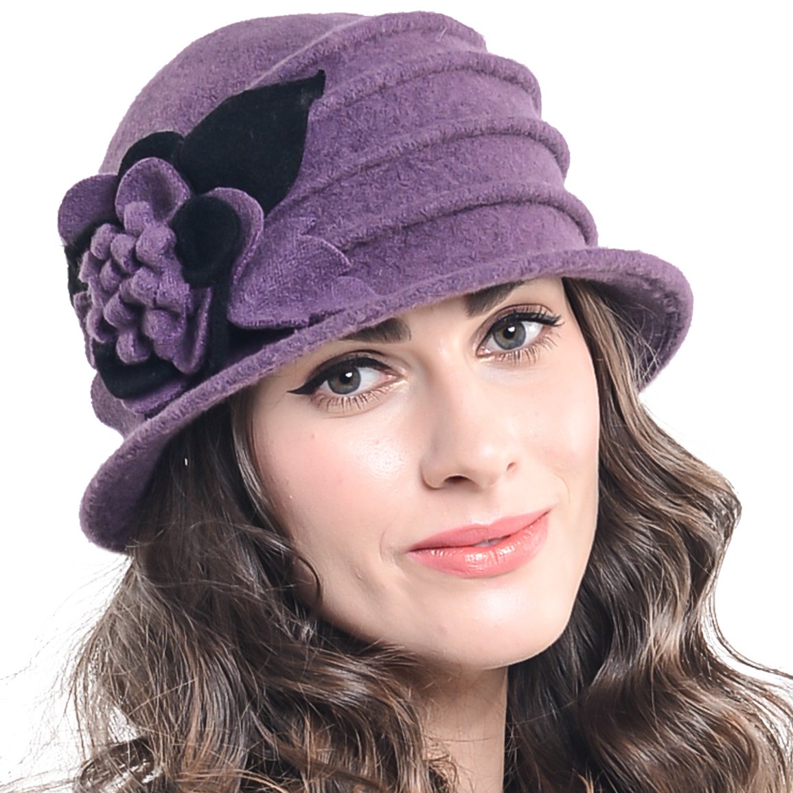 Vintage Women Floral Wool Dress Cloche Winter Hat 1920s (C020-D-Purple)