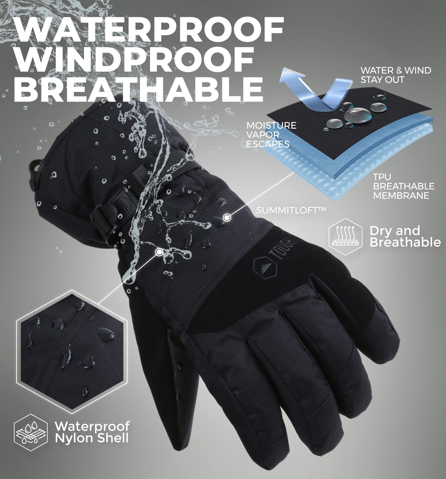 Tough Outdoors Winter Gloves - Waterproof Snow Gloves for Women and Men - Warm Womens and Mens Ski or Snowboard Gloves - Skiing & Snowboarding Gloves for Cold Weather - Large