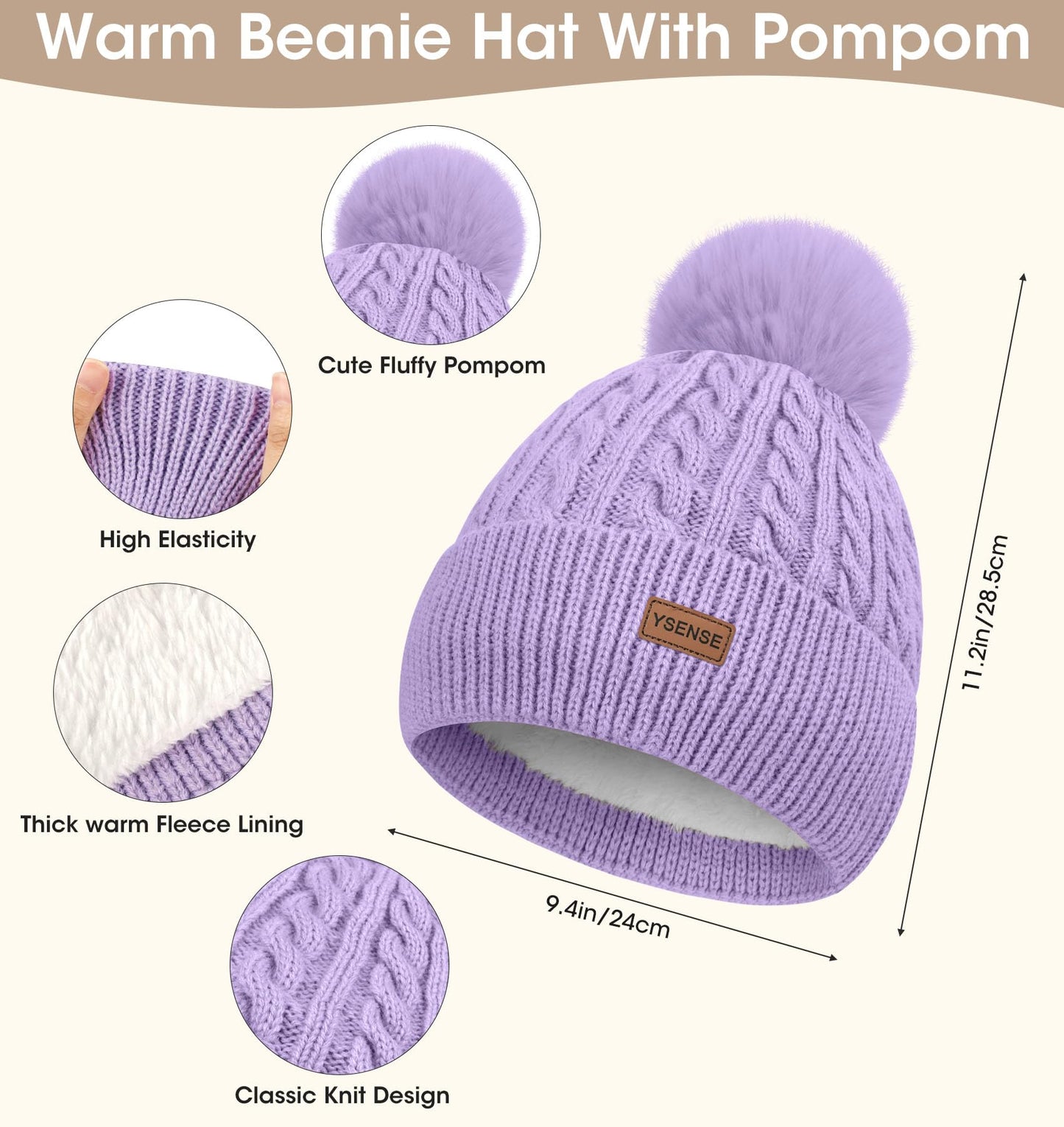 YSense 3 Pieces Womens Winter Beanie Hat Scarf Gloves Set Knitted Hat with Pom Pom Warm Long Scarf Touchscreen Gloves