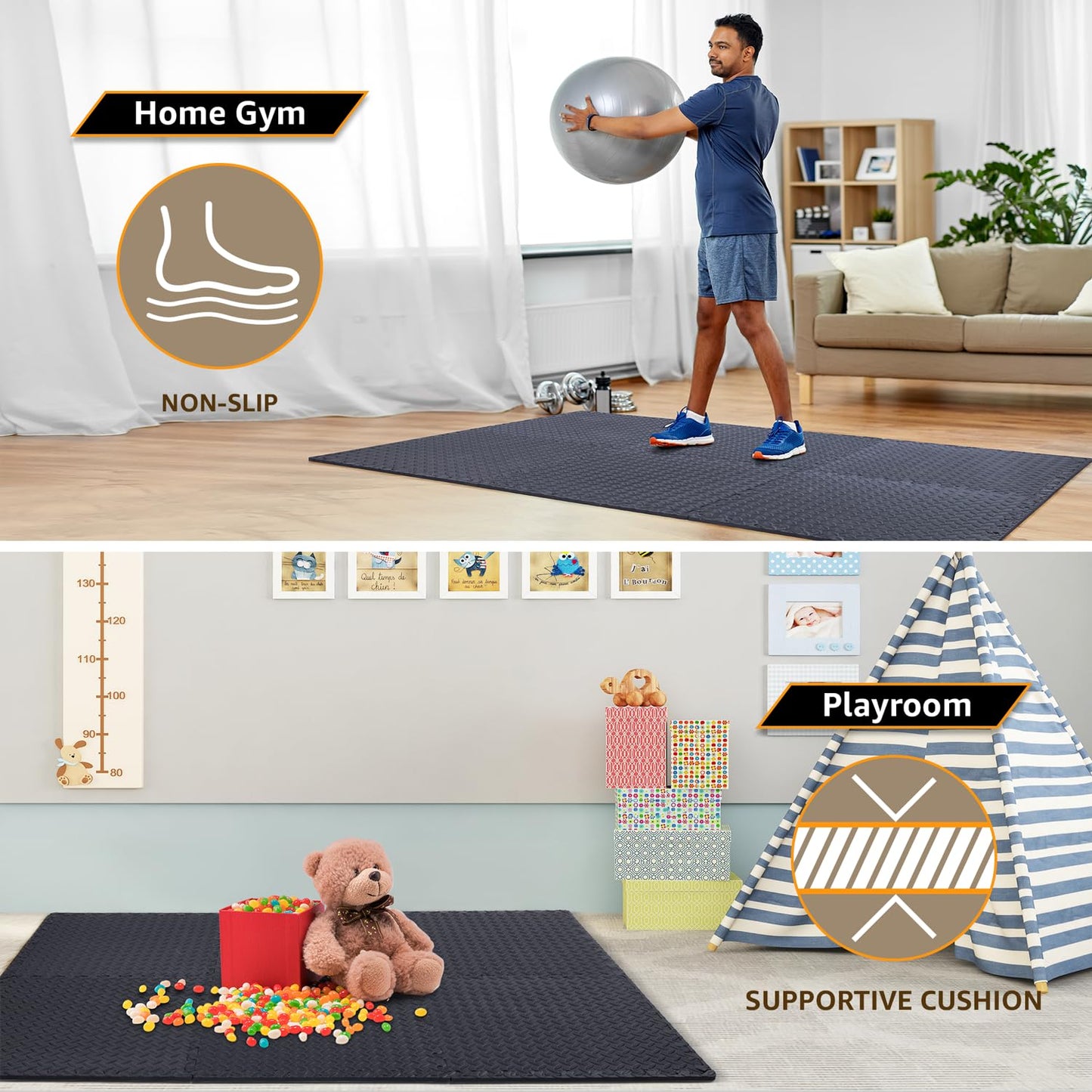 24 Pack, 96 SQFT 1/2" Extra Thick Floor Exercise Mat for Home Gym or Floor Padding for Kids - High-Density EVA Interlocking Foam Floor Tiles for Gym Equipment, Play Area - Yoga, Cardio, Weights, MMA