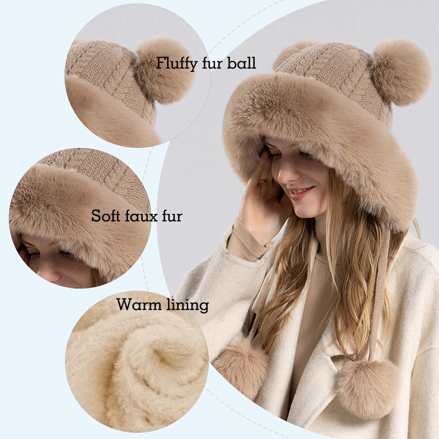 KAZZHA Winter Knitted Beanie with Pompom for Women Fluffy Fur Hat Fuzzy Skull Cap Warm Ear Flaps Ski Snow Hat Cute