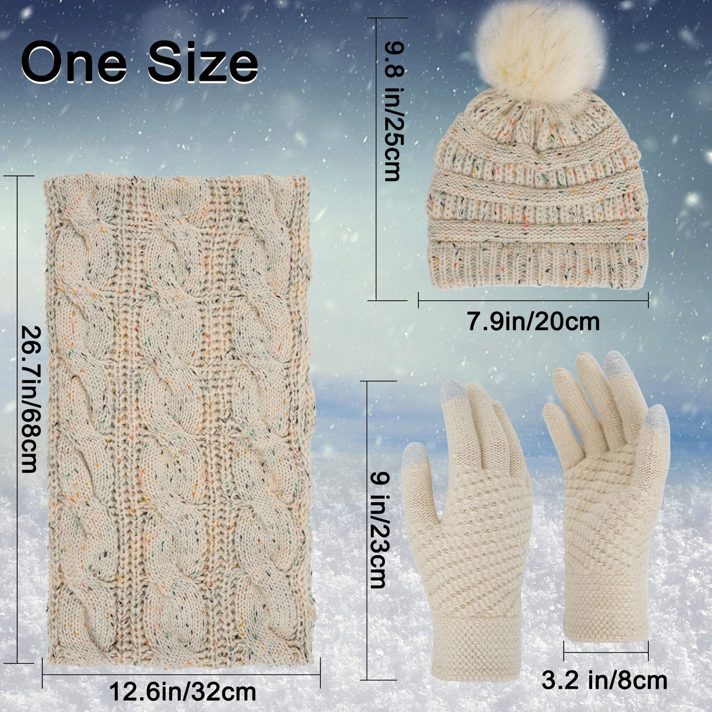 Double Couple 3pcs Winter Beanie Hat Scarf and Touch Screen Gloves Set for Women Knit Hat with Faux Fur Ball Scarves Glove