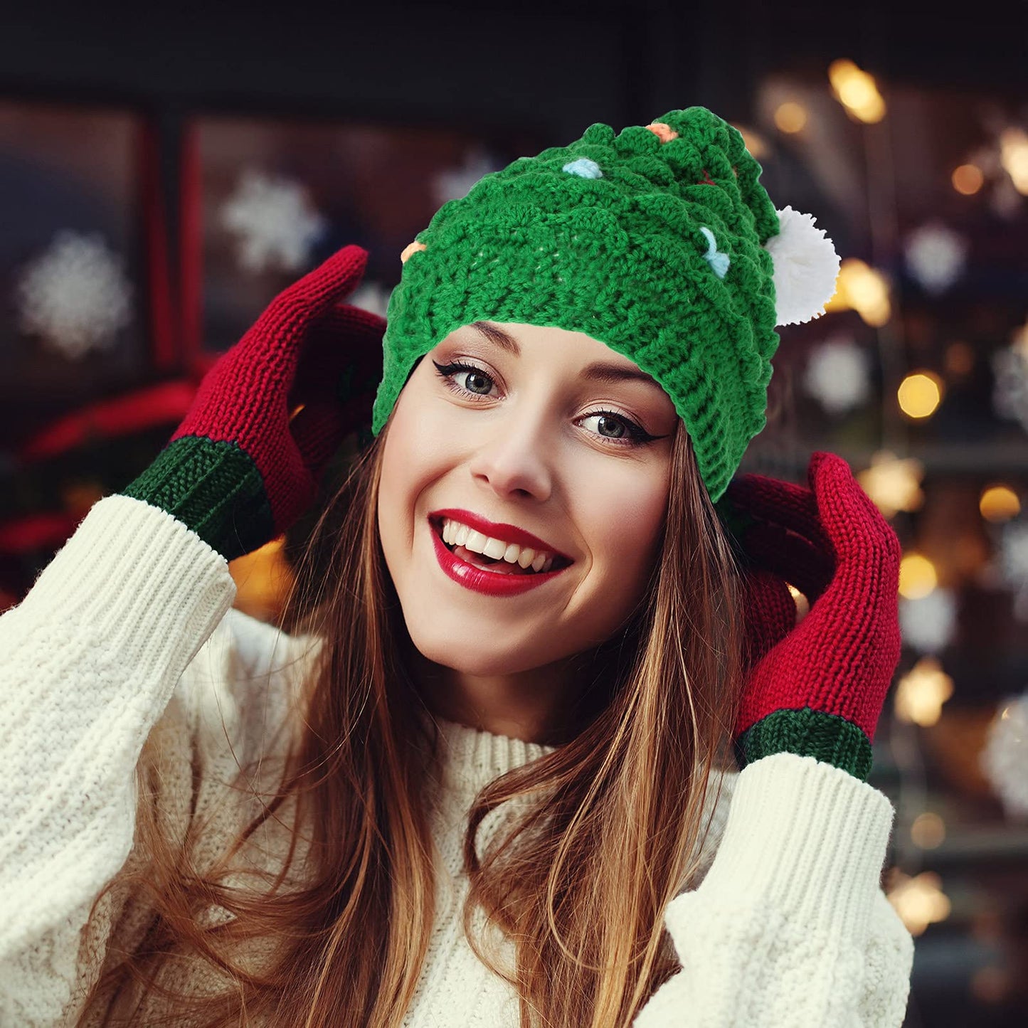 Sumind 2 Pieces Unisex Christmas Knit Beanie Santa Hat Winter Warm Crochet Bearded Cap with Fur Pom Pom Handmade Knitted Reindeer Cap for Adult