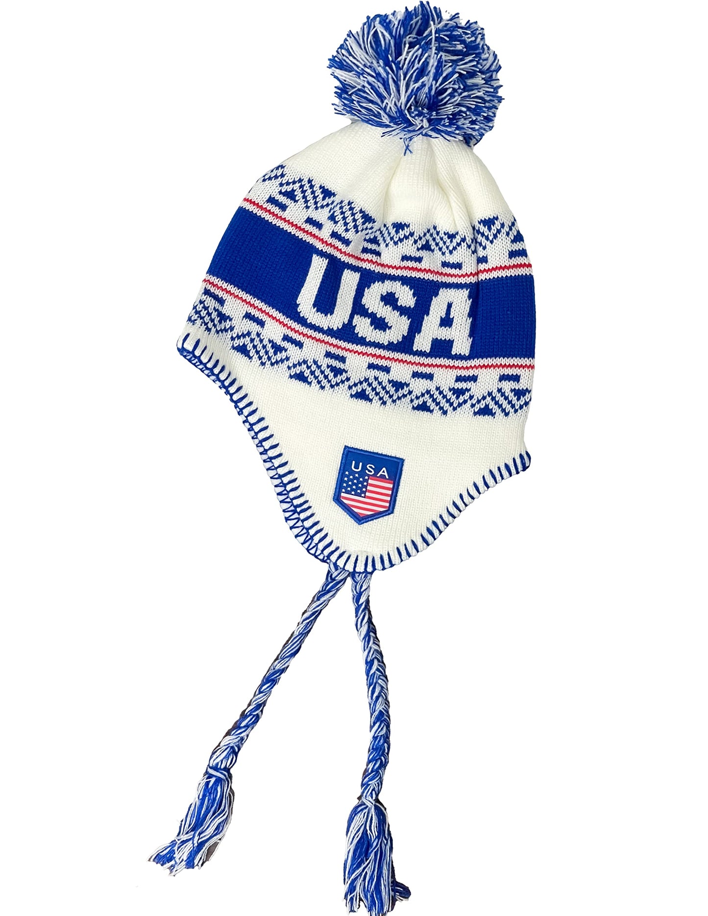 USA Winter Hat, White Knit Beanie Snow Winter Hat Ski Cap with Pom, USA Hat with Ear Flaps and Fleece Lining