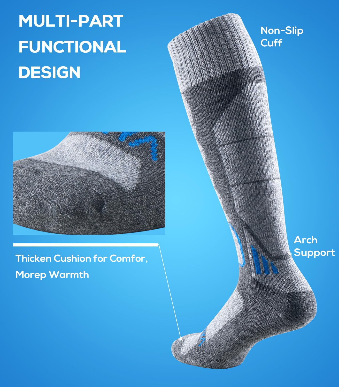 WEIERYA Ski Sock Merino Wool Ski Socks Mens Womens Skiing & Snowboarding Socks, Over The Calf, Grey Large 2 Items
