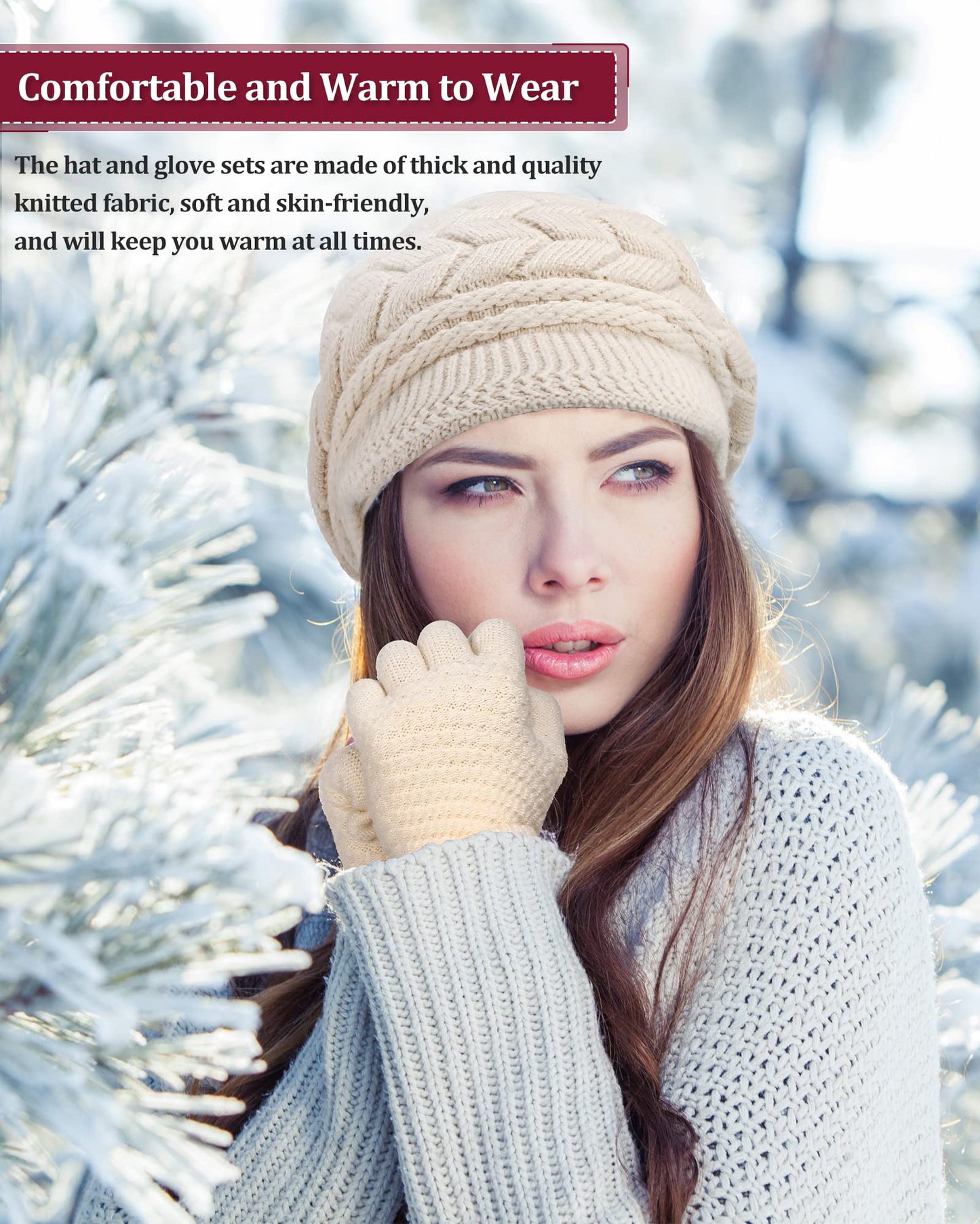 SATINIOR 4 Pieces Winter Hat and Glove Women Set, Warm Knitted Beanie Hat Glove Snow Ski Skull Cap with Visor and Touchscreen Glove (Beige, Purplish Red)