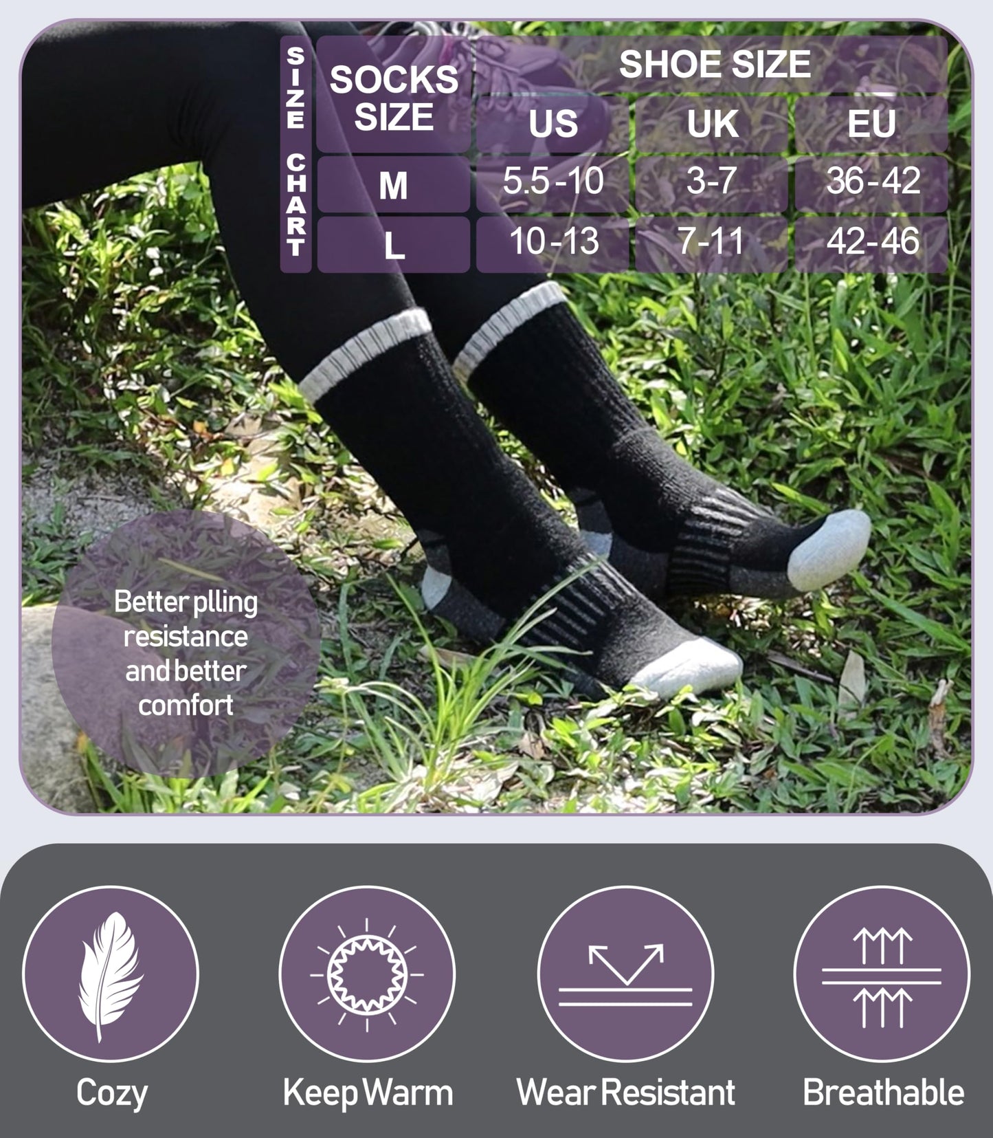 DYW Womens Merino Wool Hiking Socks Thermal Warm Winter Boot Crew Socks Cushion Work Walking Gift Socks 5 Pairs （5 Pairs Black,Medium）