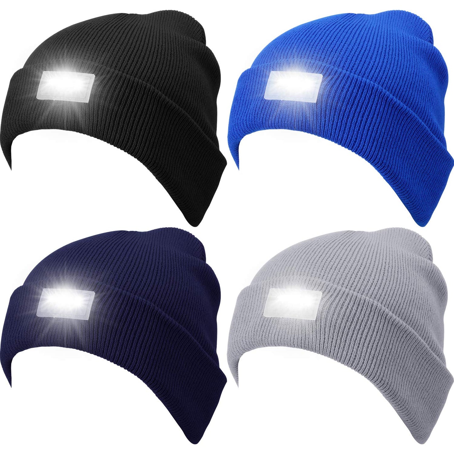 Syhood 4 Pcs Unisex Beanie with Light 5 LED Knitted Hat Winter Flashlight Headlamp Hat for Men Hunting Accessories