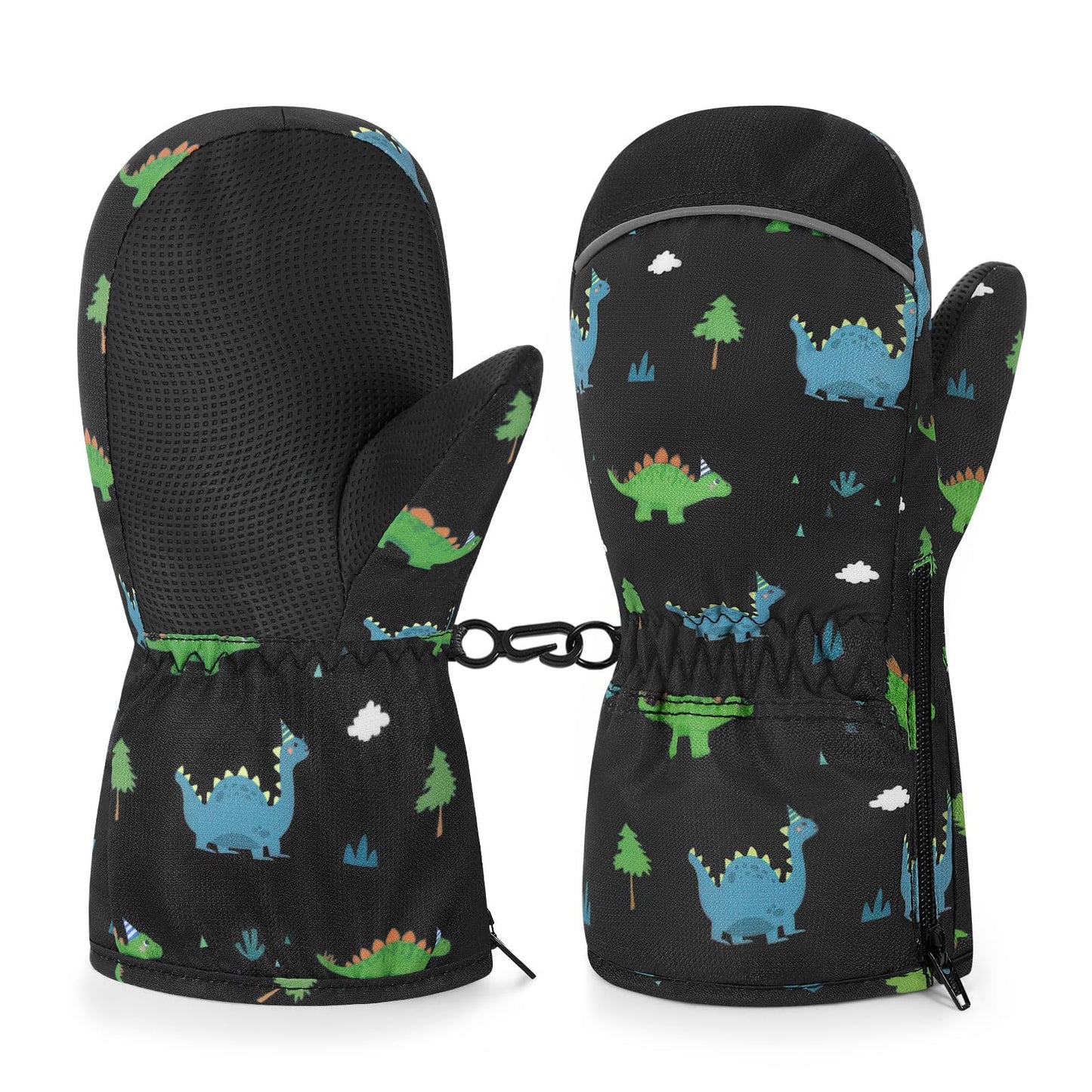 MoKo Toddlers Winter Mittens, Non-Slip Waterproof Snow Gloves Dinosaur with Zipper Warm Velvet Cloth Ski Gloves for Ages 4-5 Todder Baby Girls and Boys Winter Gloves for Skiing Outdoor, S, Black