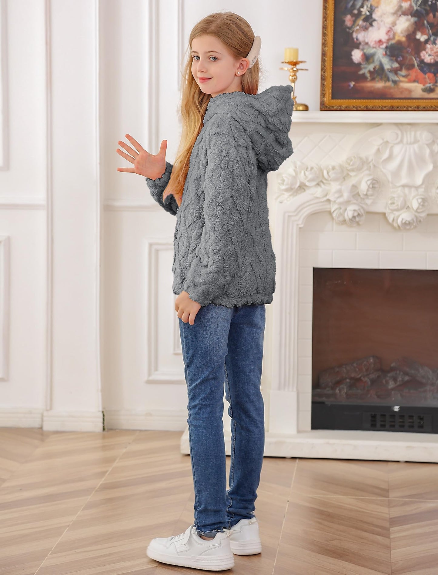 TUONROAD Girls Fuzzy Fleece Hoodies 8 9 Years Children Cable Knit Sherpa Pullover Sweatshirt with Pocket Girl's Winter Warm Teddy Jacket Coat Grey Size 8 10