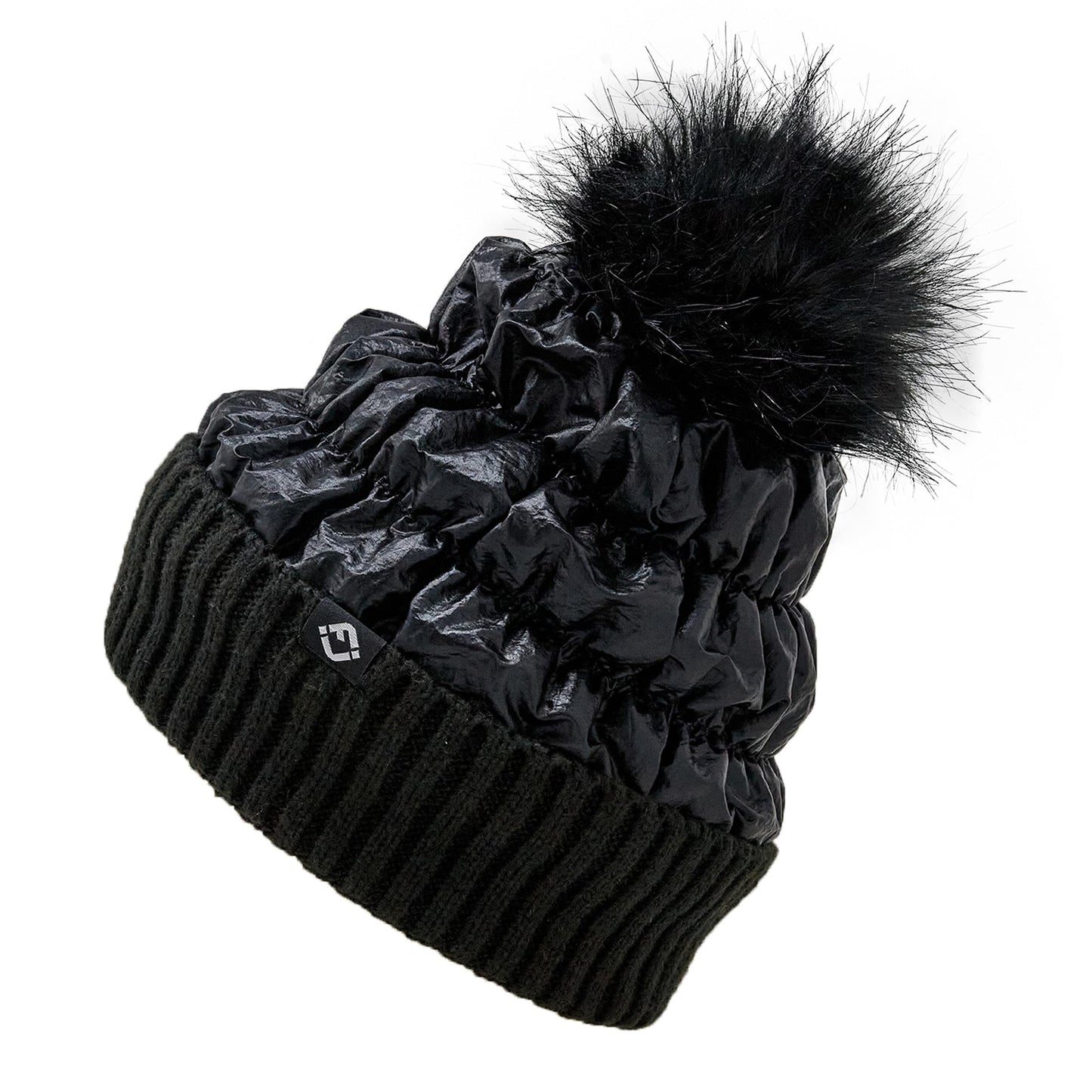 Funky Junque Faux Fur Pom-Pom Beanie, Sparkly Beanie for Women Premium Blend of Polyester and Acrylic, Puffer-Like Baffling, Knit Cuff, Winter Hat with Real Fur Mom Pom Sparkly Beanie Hat (Black)