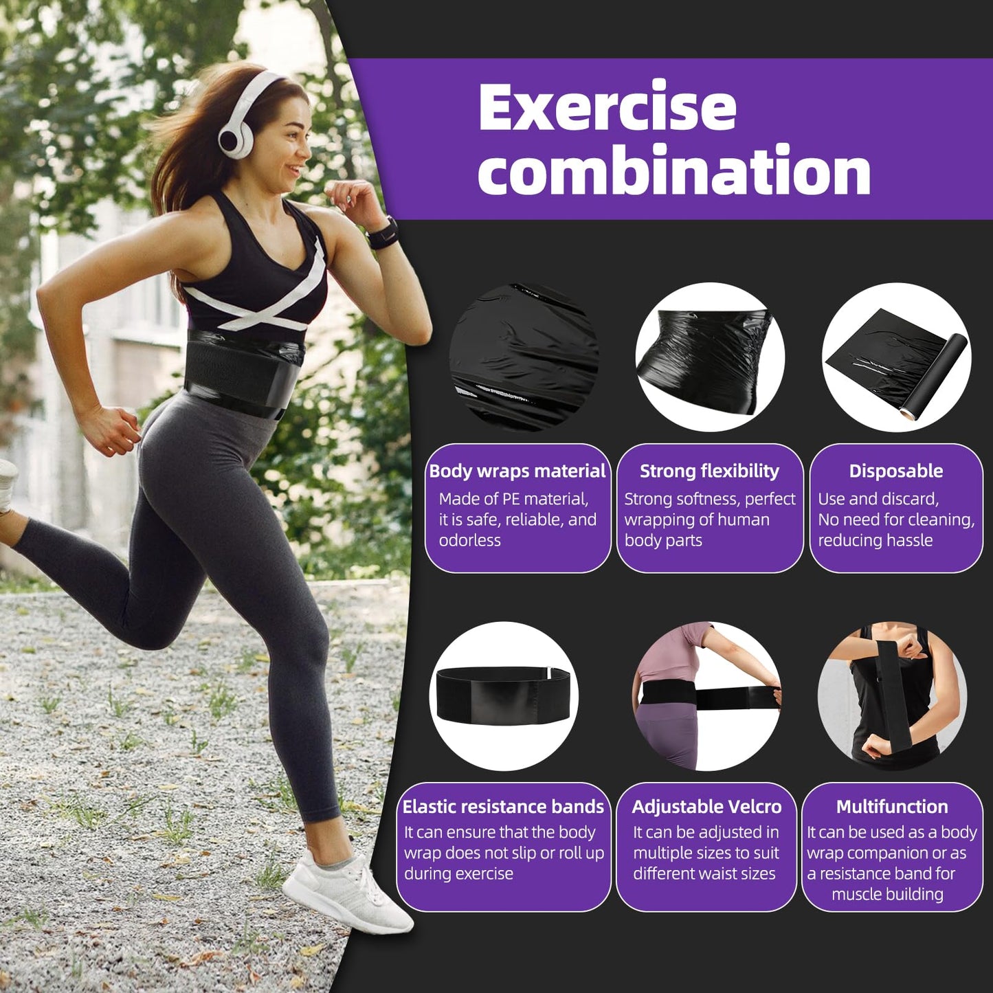 Hayunfiys 4 Rolls 60 Meters Black Osmotic Plastic Body Wrap Exercise & Fitness Sweat Enhancer Anti-Shedding Yoga Training Band Set, DIY Sauna Wrap Pilates Workout & Sweat Resistant Stomach Wrap