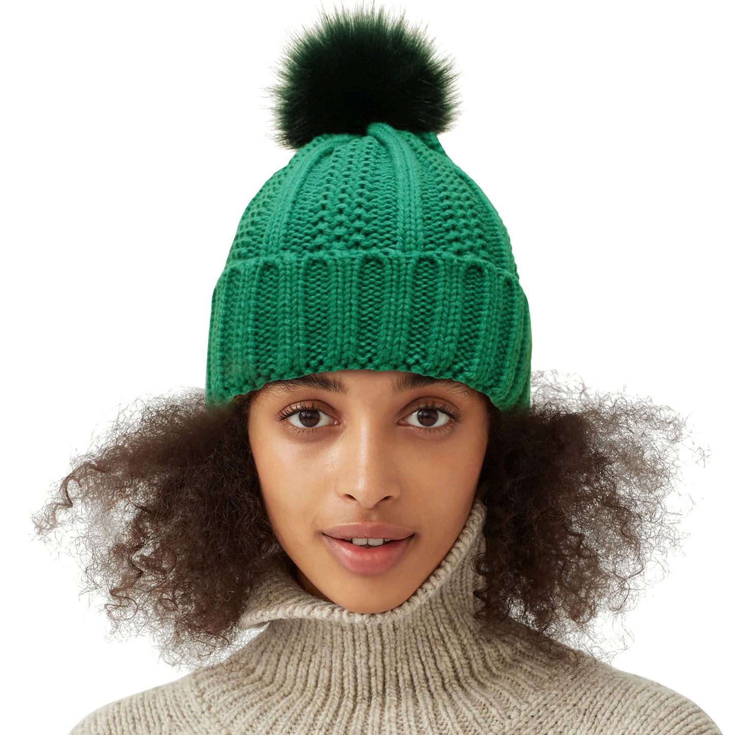 Muryobao Women Satin Lined Beanie Hat Knit Cuffed Warm Winter Hats Faux Fur Pom Pom Silk Lining Slouchy Skull Cap Green