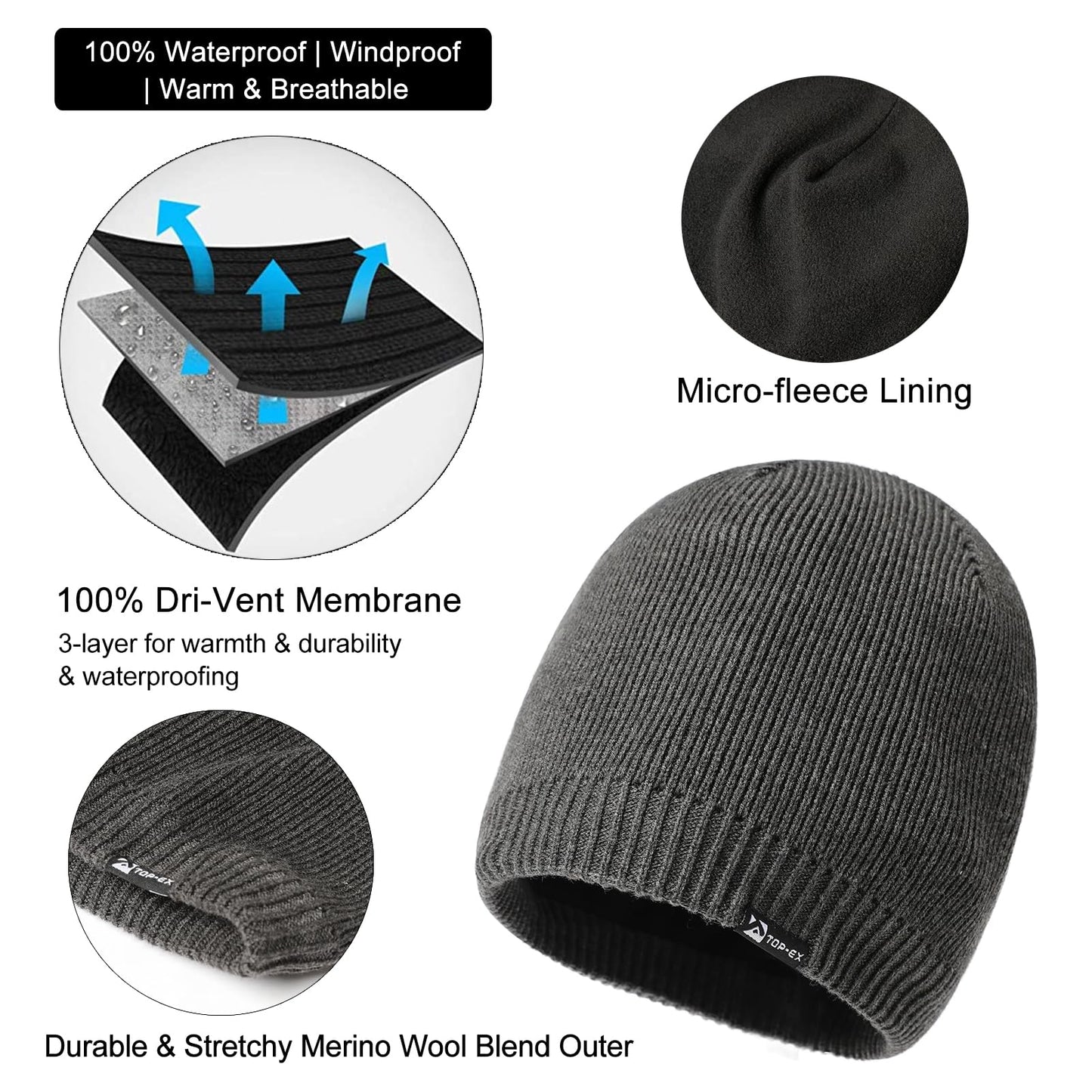 XL Men's Women's Oversize Winter Grey Wool Beanie Waterproof Fleece Lined Knit Cap Hat All-Weather Warm Rain X-Large Extra Large Big Head