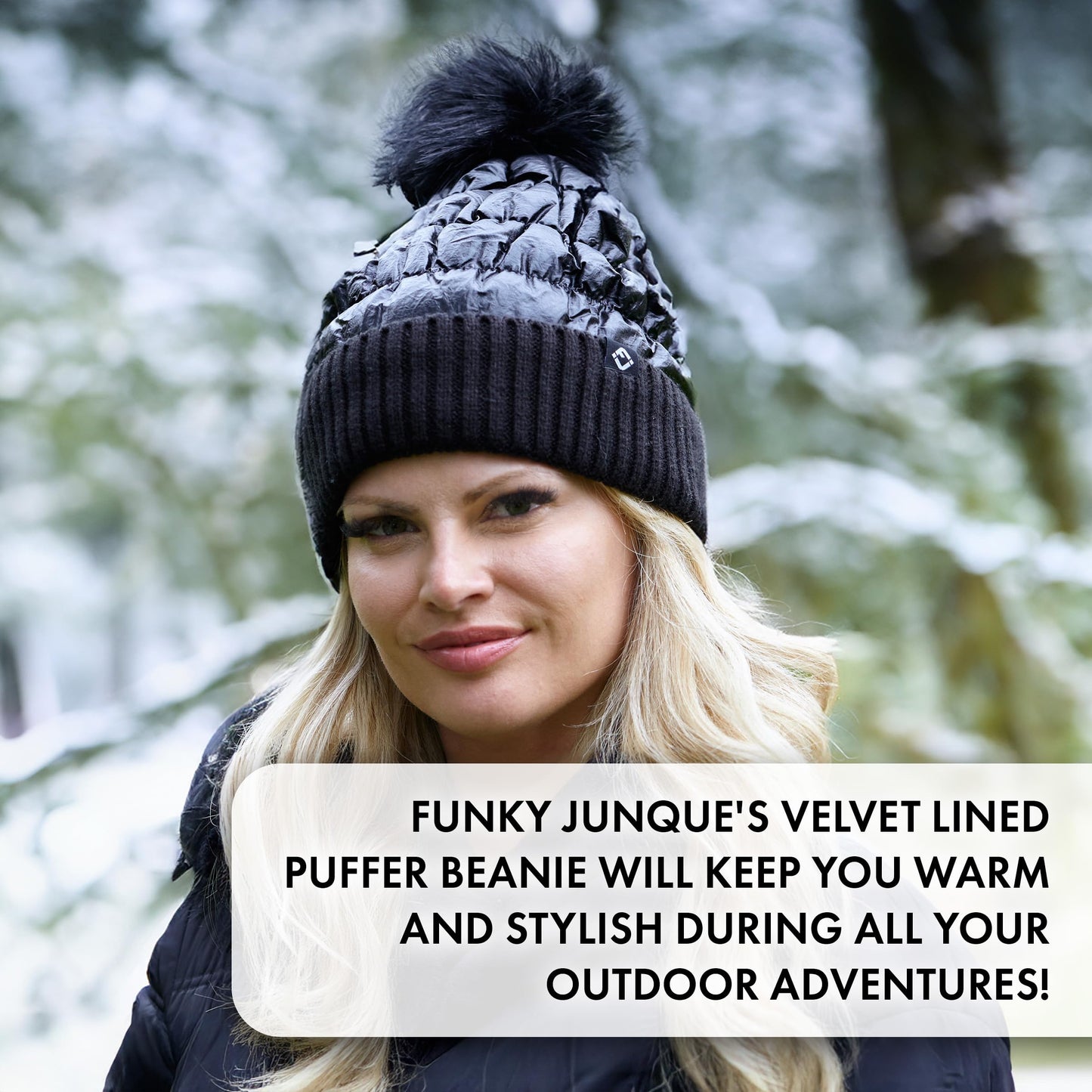 Funky Junque Faux Fur Pom-Pom Beanie, Sparkly Beanie for Women Premium Blend of Polyester and Acrylic, Puffer-Like Baffling, Knit Cuff, Winter Hat with Real Fur Mom Pom Sparkly Beanie Hat (Black)