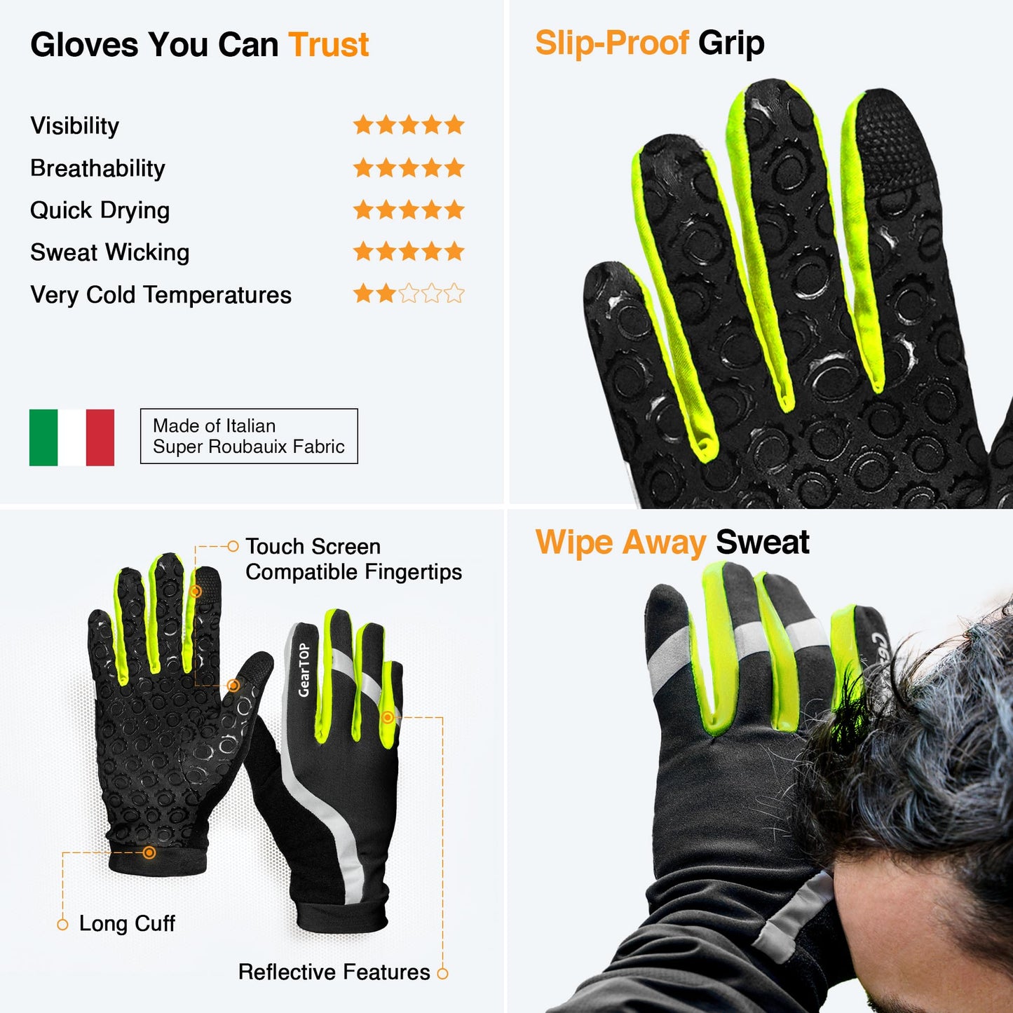 GearTOP Football Gloves Winter Gloves Liner for Men & Women, Touchscreen Gloves for Cold Weather, Warm Running, Cycling & Driving Gloves Women, Black Gloves Men with Touch Screen Fingers Reflective