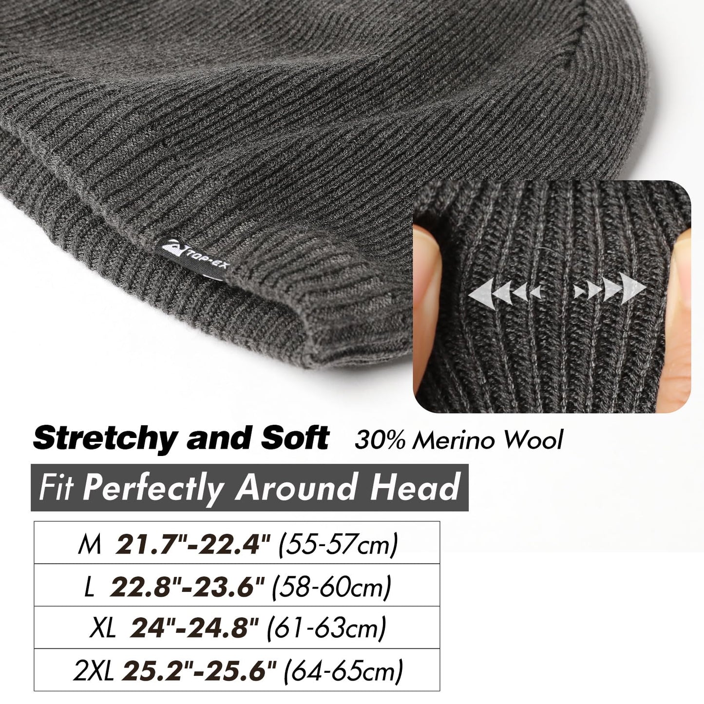 XL Men's Women's Oversize Winter Grey Wool Beanie Waterproof Fleece Lined Knit Cap Hat All-Weather Warm Rain X-Large Extra Large Big Head