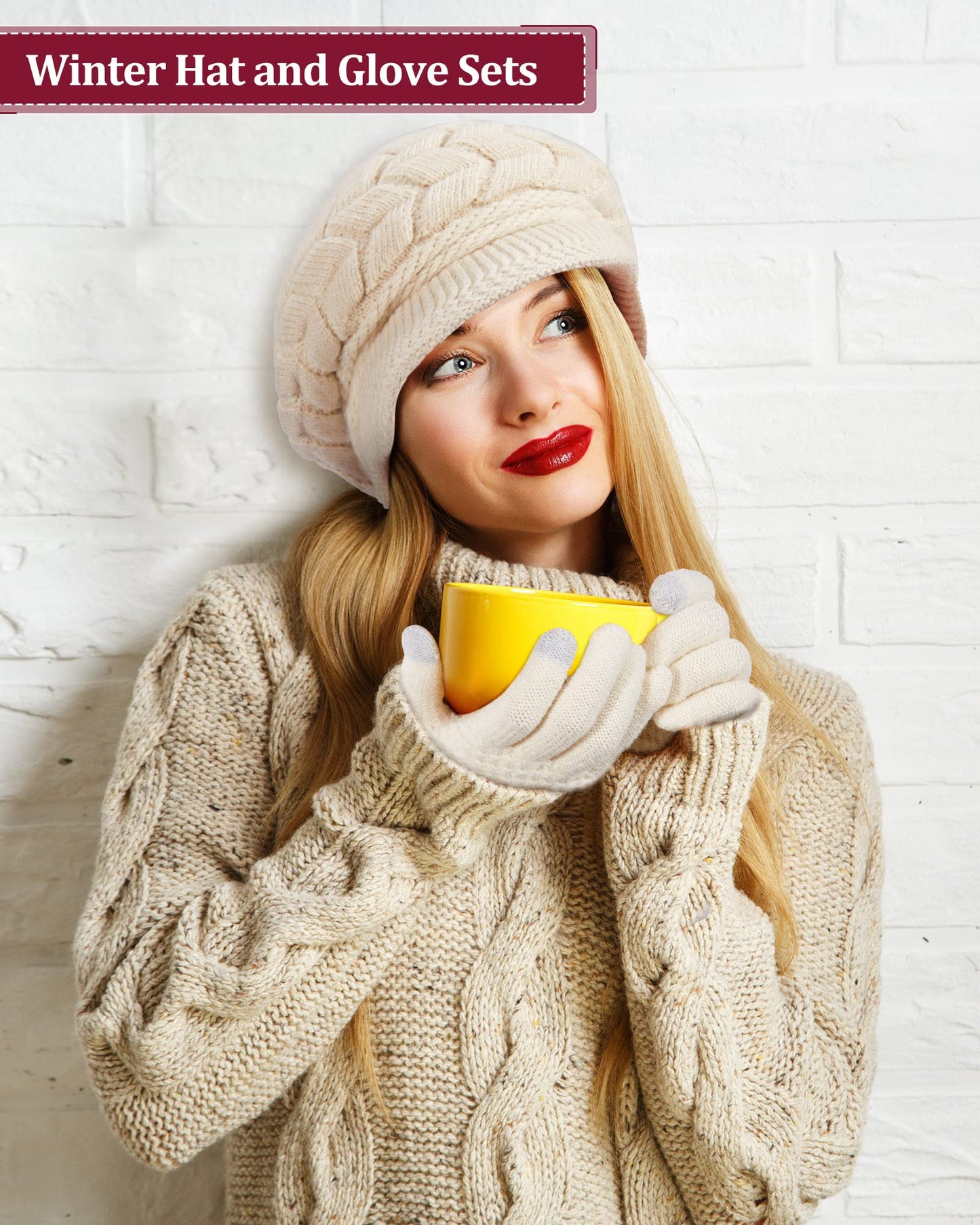 SATINIOR 4 Pieces Winter Hat and Glove Women Set, Warm Knitted Beanie Hat Glove Snow Ski Skull Cap with Visor and Touchscreen Glove (Beige, Purplish Red)