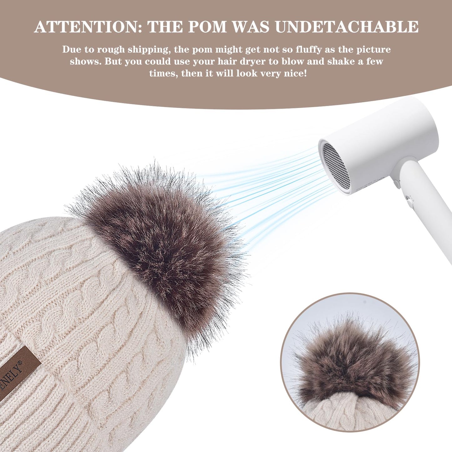 Women Winter Beanie Hat Knit Earflap Hats Warm Thick Fleece Lined Soft Skull Cap with Fashion Cute Faux Fur Pom Outdoor Indoor Beige Cold Weather Snow Ski Running