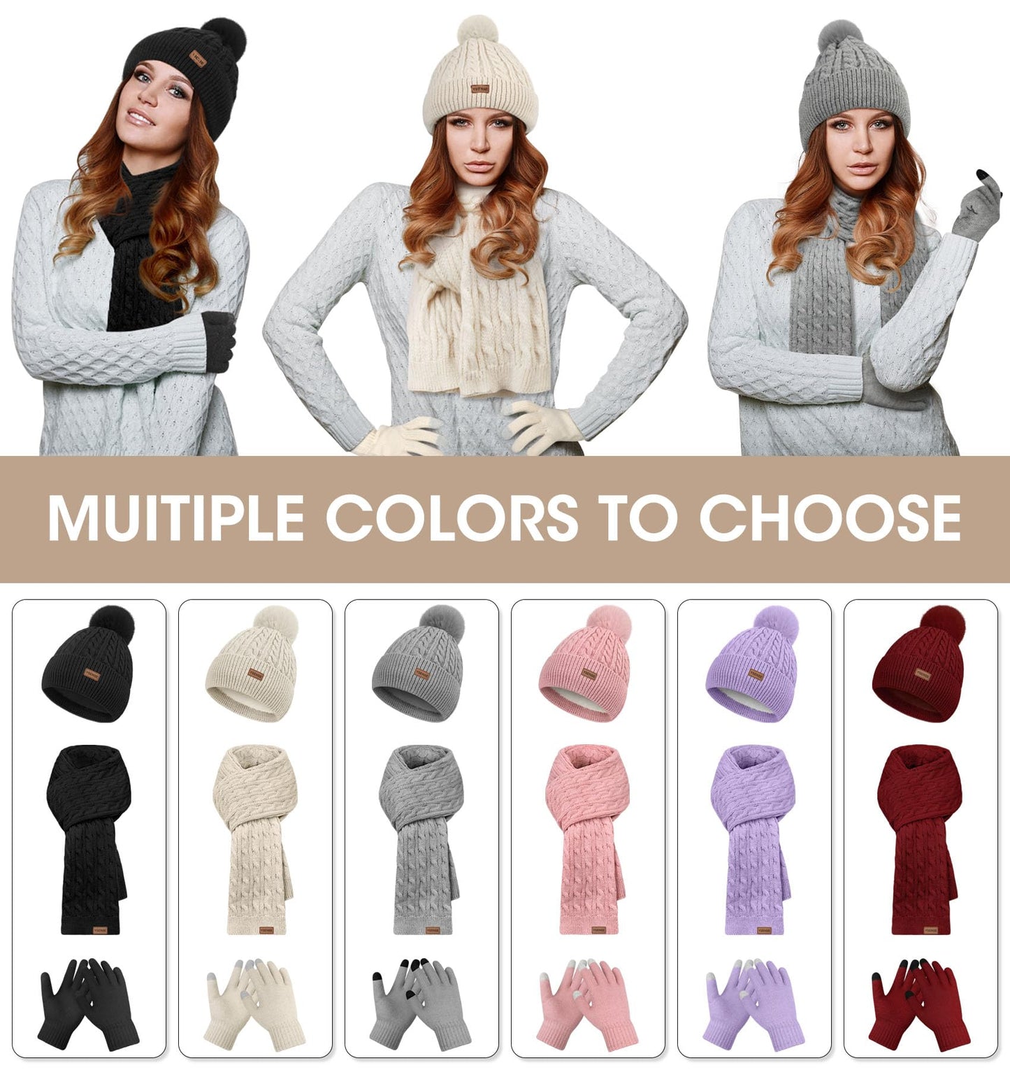 YSense 3 Pieces Womens Winter Beanie Hat Scarf Gloves Set Knitted Hat with Pom Pom Warm Long Scarf Touchscreen Gloves