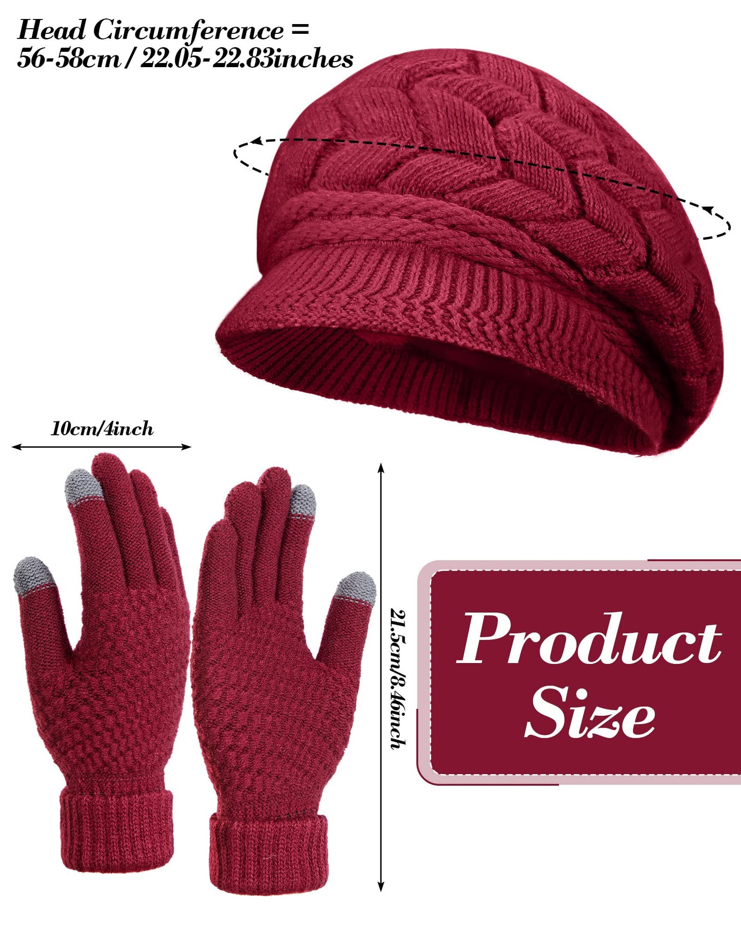 SATINIOR 4 Pieces Winter Hat and Glove Women Set, Warm Knitted Beanie Hat Glove Snow Ski Skull Cap with Visor and Touchscreen Glove (Beige, Purplish Red)
