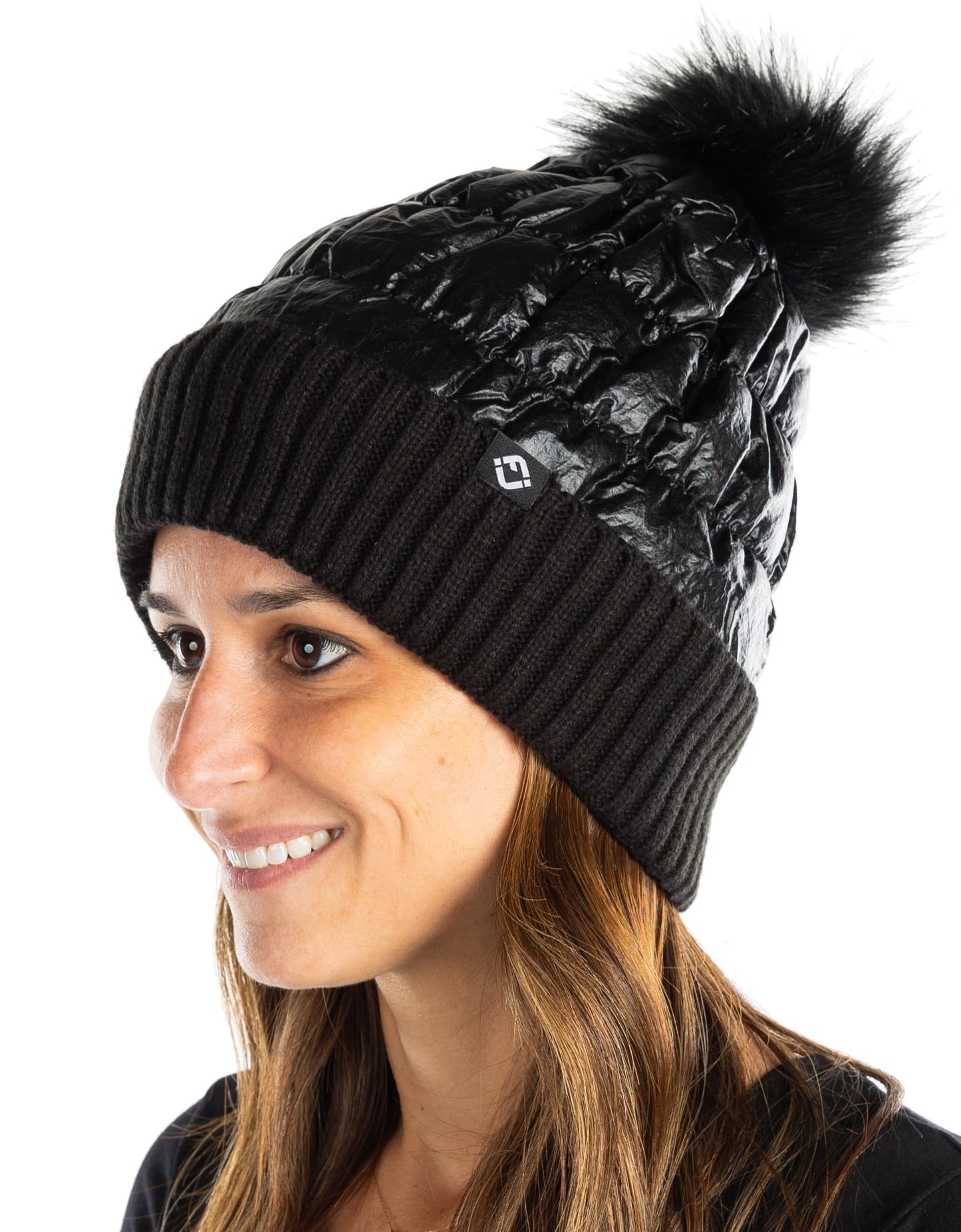 Funky Junque Faux Fur Pom-Pom Beanie, Sparkly Beanie for Women Premium Blend of Polyester and Acrylic, Puffer-Like Baffling, Knit Cuff, Winter Hat with Real Fur Mom Pom Sparkly Beanie Hat (Black)