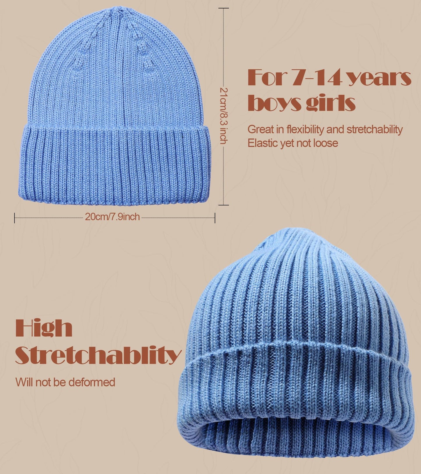 Kids Beanie - Merino Wool Ribbed Knit Winter Hat Classic Daily Skull Caps for Boys and Girls (Ages 7-14),Blue