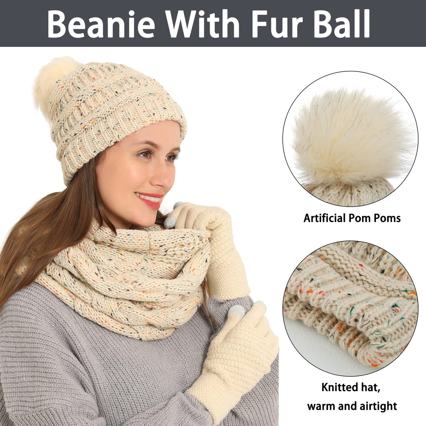 Double Couple 3pcs Winter Beanie Hat Scarf and Touch Screen Gloves Set for Women Knit Hat with Faux Fur Ball Scarves Glove