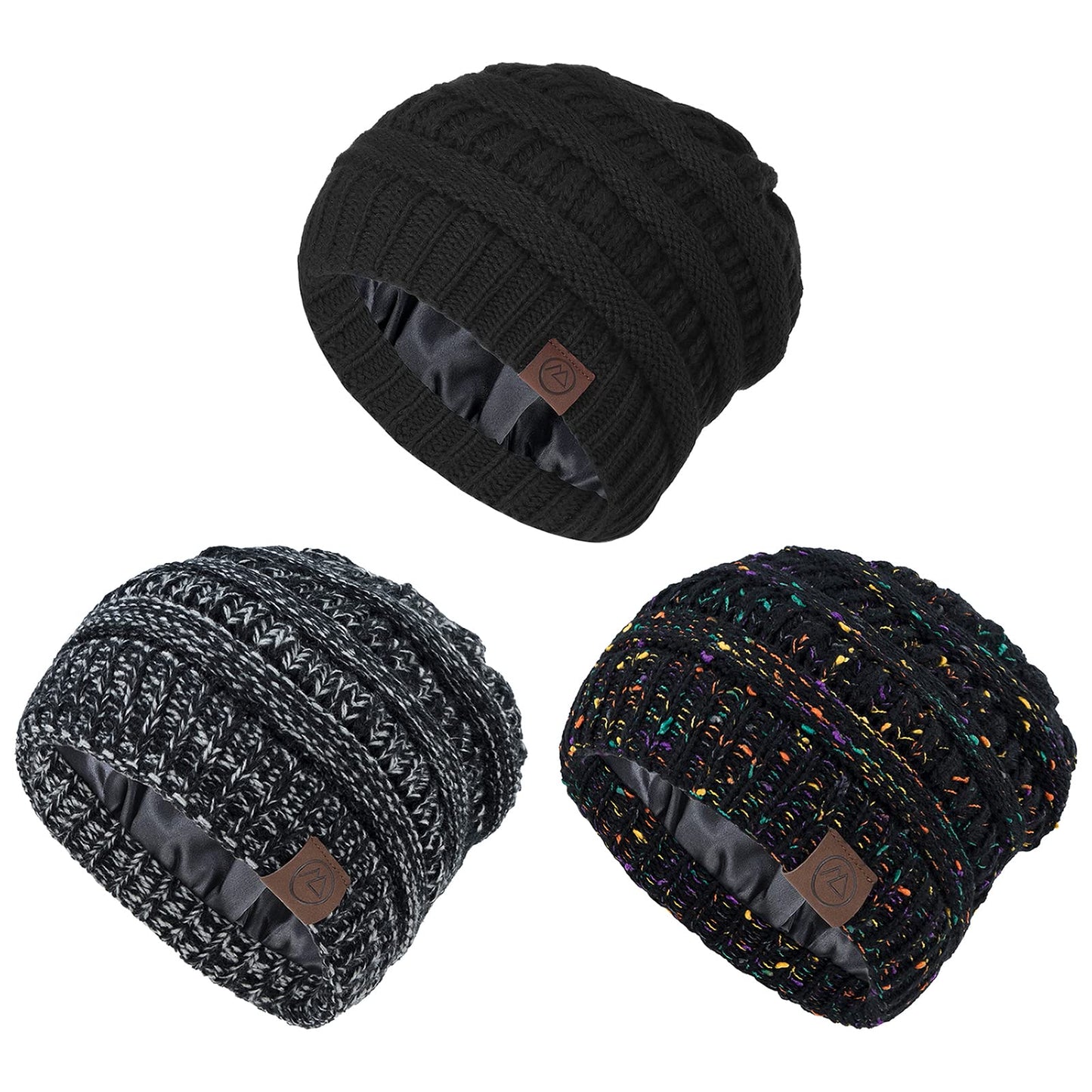 American Trends Winter Hats for Women Satin Lined Beanie Hats Cable Warm Knit Skull Cap Thick Slouchy Beanie Black&Black Mix&Black Grey Mix