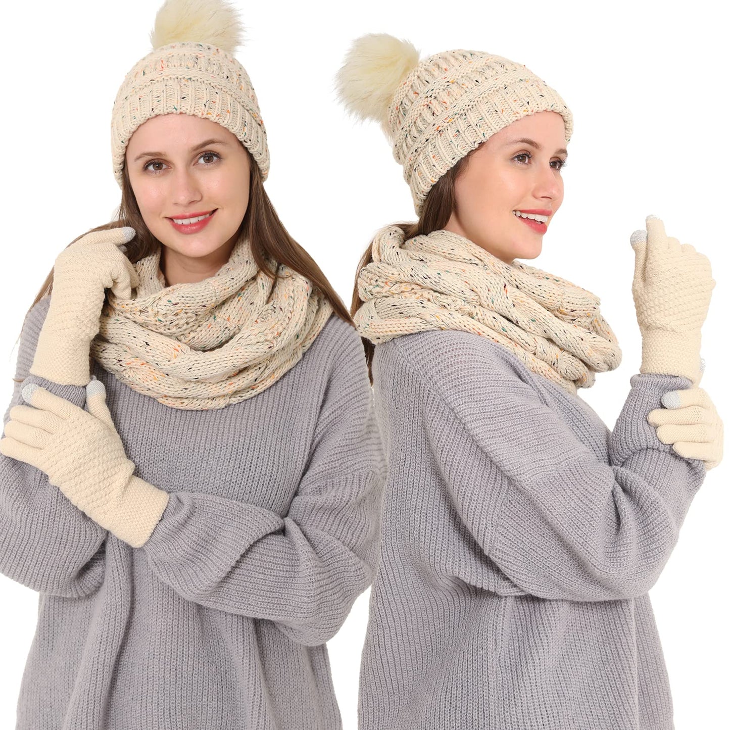 Double Couple 3pcs Winter Beanie Hat Scarf and Touch Screen Gloves Set for Women Knit Hat with Faux Fur Ball Scarves Glove