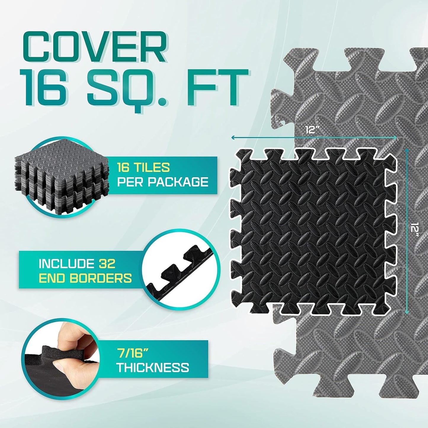 Yes4All Interlocking Foam Tiles, Non-Slip Foam Floor Tiles for Home Gym- Black and Gray, 16 tiles 12"x 12"x 7/16" cover 16 Sqft
