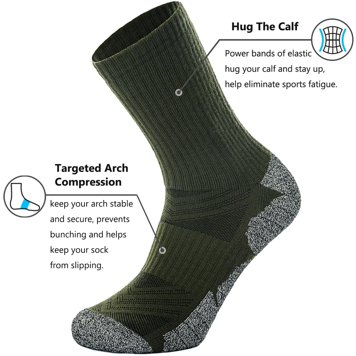 CWVLC Hiking Crew Socks, 4-Pack Men Women Boot Socks for Walking, Hunting, Camping, Winter Outdoor Work, Cosy Cushion, Moisture Wicking, Arch Compression, Anti Blister, Large, Green Brown