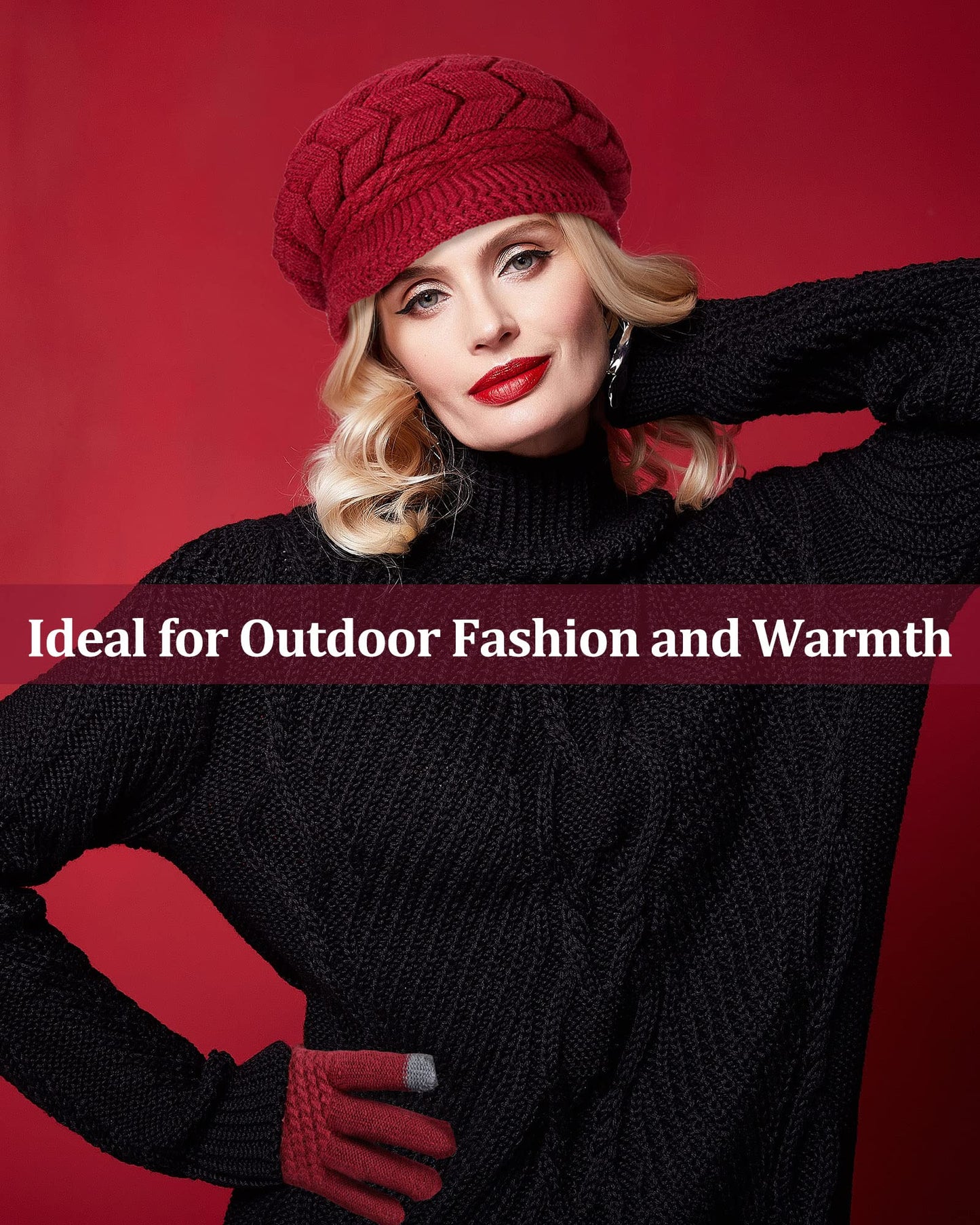 SATINIOR 4 Pieces Winter Hat and Glove Women Set, Warm Knitted Beanie Hat Glove Snow Ski Skull Cap with Visor and Touchscreen Glove (Beige, Purplish Red)