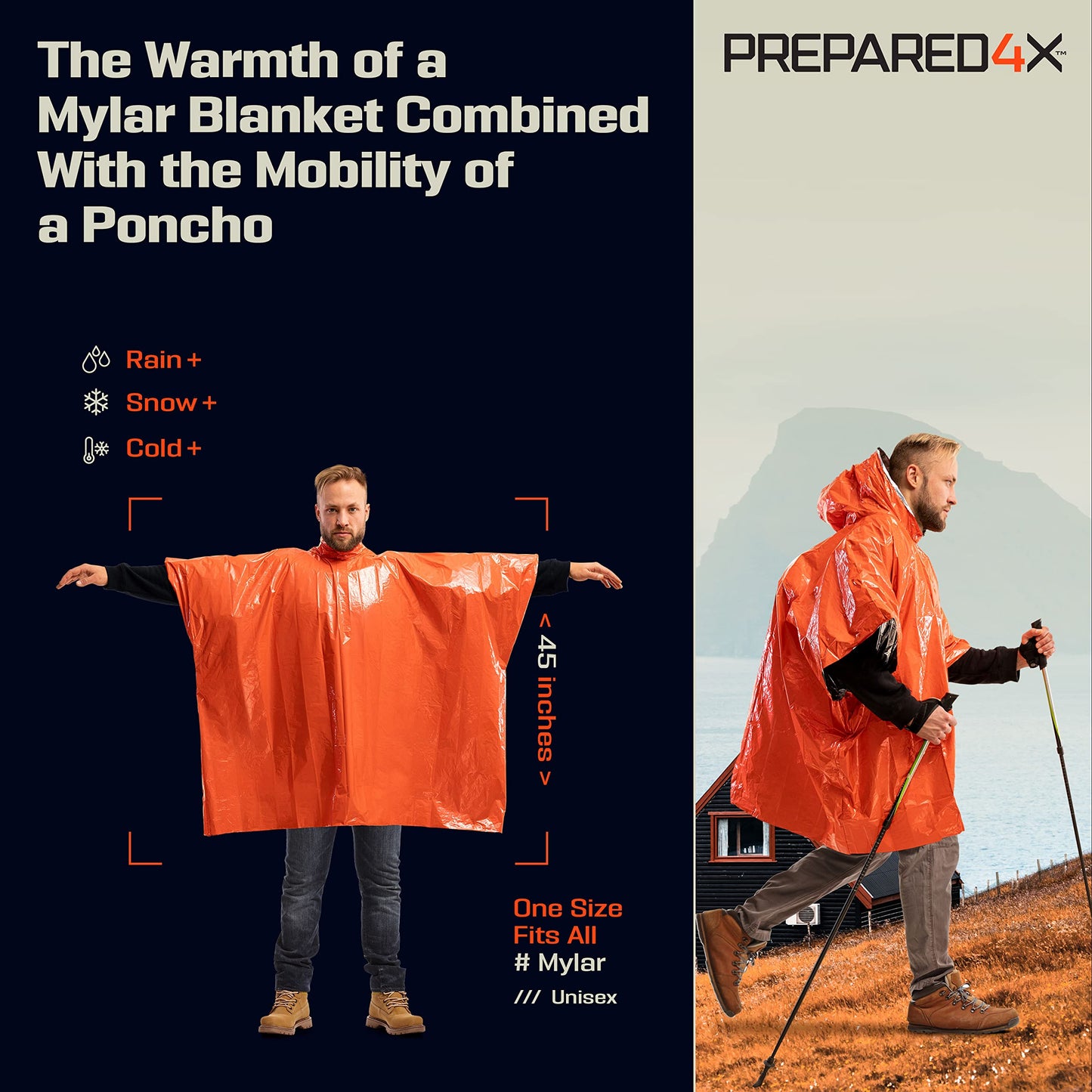 PREPARED4X Emergency Poncho with Mylar Blanket Liner – Heavy Duty, Waterproof, Wind-Resistant Green Rain Poncho for Outdoors, Camping, and Car Emergency Kits - Thermal Poncho - 4 Pack (Orange)