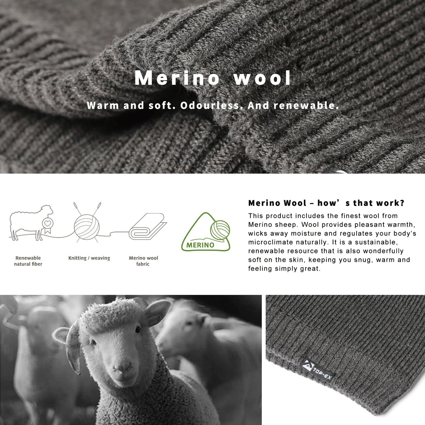 XL Men's Women's Oversize Winter Grey Wool Beanie Waterproof Fleece Lined Knit Cap Hat All-Weather Warm Rain X-Large Extra Large Big Head