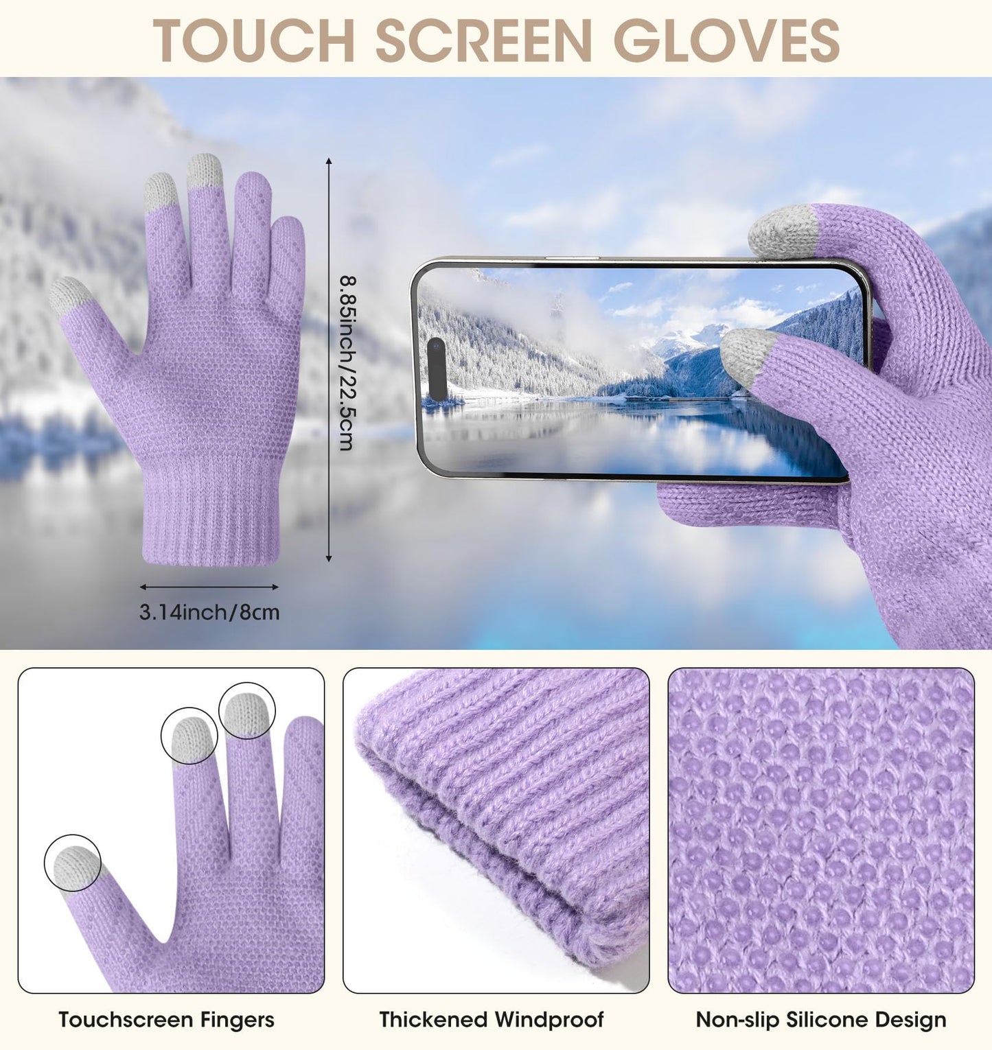 YSense 3 Pieces Womens Winter Beanie Hat Scarf Gloves Set Knitted Hat with Pom Pom Warm Long Scarf Touchscreen Gloves