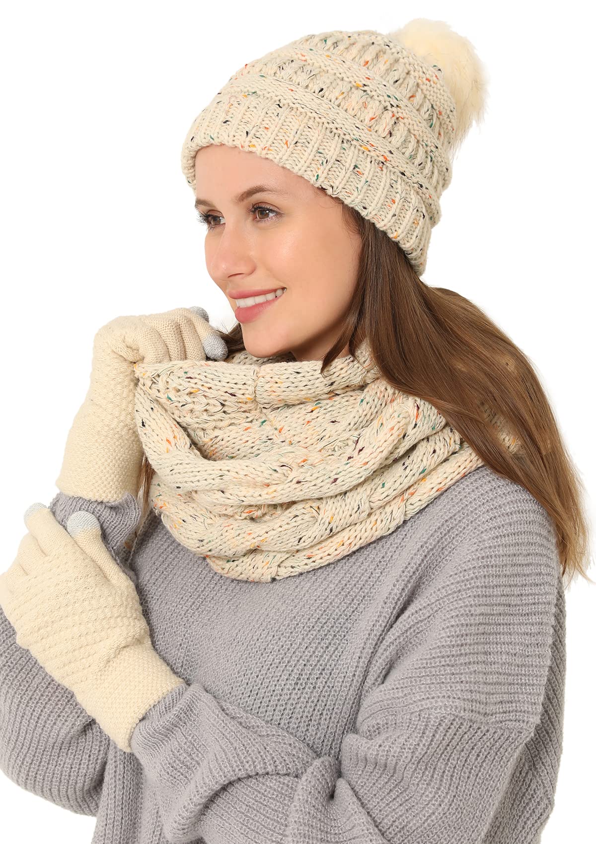 Double Couple 3pcs Winter Beanie Hat Scarf and Touch Screen Gloves Set for Women Knit Hat with Faux Fur Ball Scarves Glove
