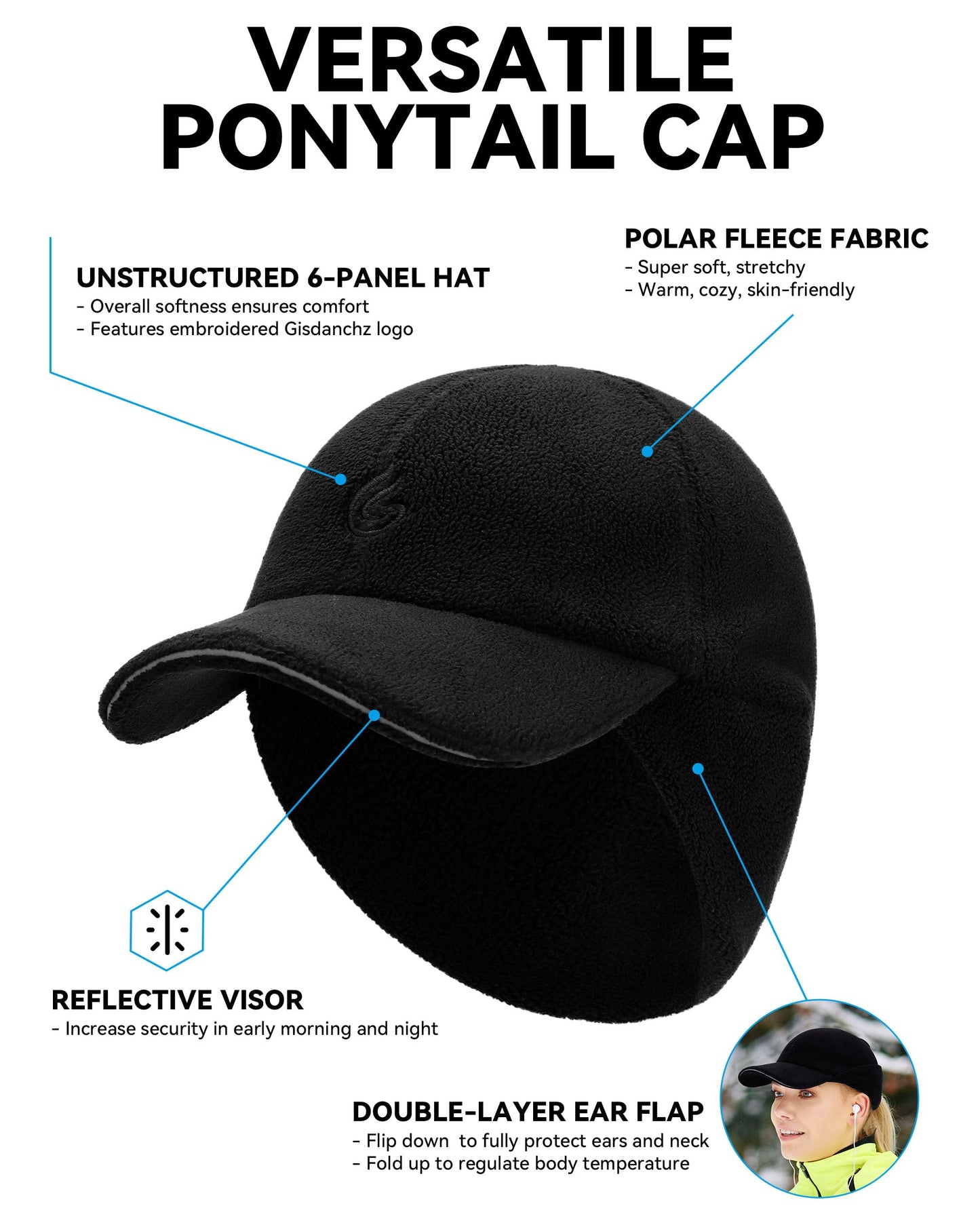 Gisdanchz Winter Running Gear for Women, Cold Weather Running Hat with Ponytail Hole Winter Ponytail Hat with Ear Flaps for Women Ladies Reflective Running Accessories Baseball Hat, Black XS/S