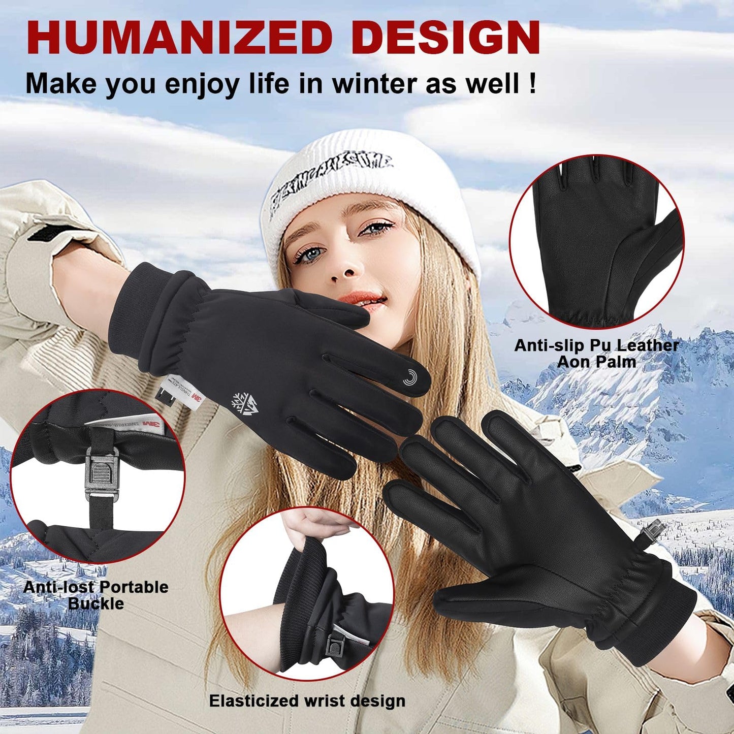 Waterproof Winter Gloves for Men & Women Thermal Snow Gloves for Cold Weather Warm Gloves Made with 3M Thinsulate Insulated Windproof Touchscreen Anti-Slip for Skiing Running Hiking Cycling Walking