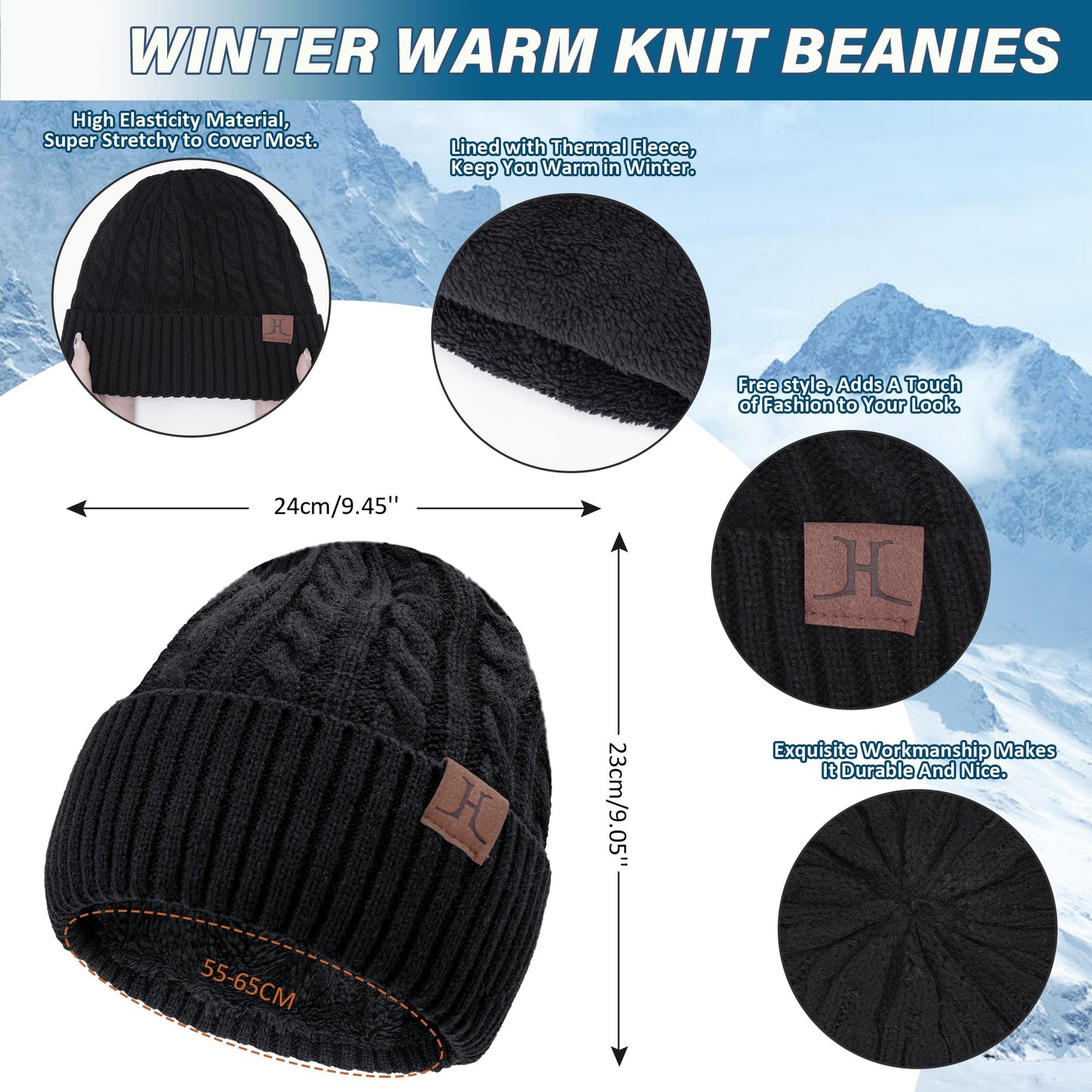 Mens Womens Winter Beanie Hats Touchscreen Gloves Neck Scarf Warmer Set Knit Skull Cap with Fleece Lined Gifts for Men Women Black