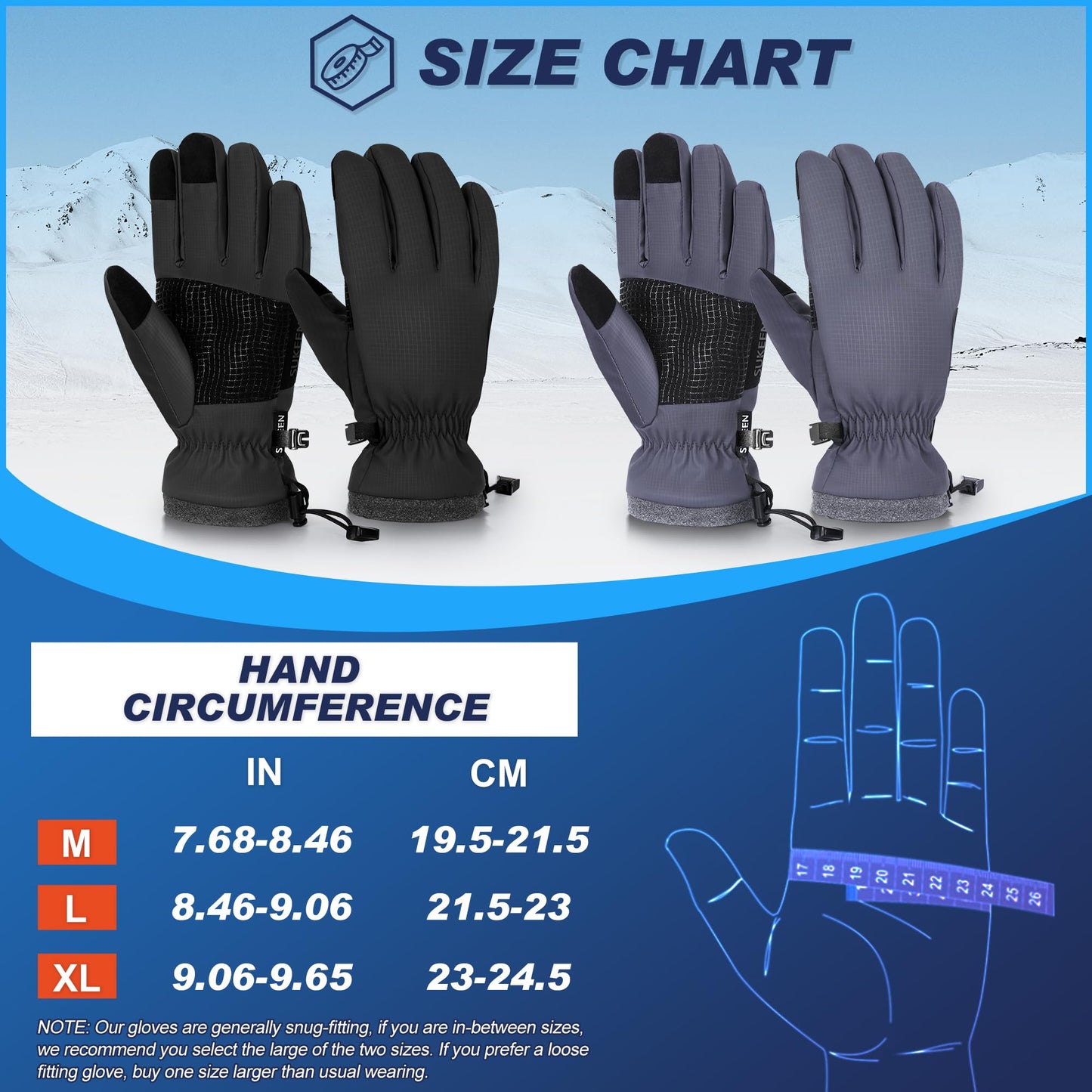 Sukeen Windproof Winter Gloves for Cold Weather, Warm Ski Gloves for Men Women, Anti-Slip Snow Gloves with Touchscreen Fingers, Winter Gloves for Skiing Snowboarding Running Driving Cycling, Black, L