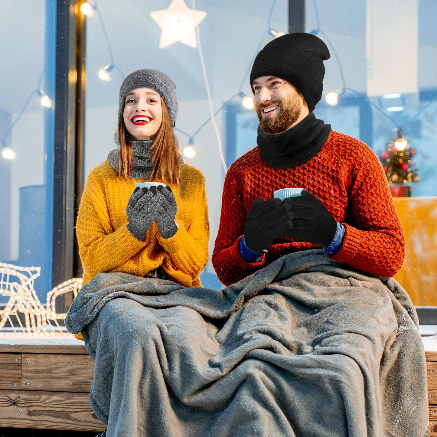 6 Pieces Winter Beanie Hat Scarf Touchscreen Gloves Neck Warm Knitted Fleece Lined for Men and Women Black, Grey