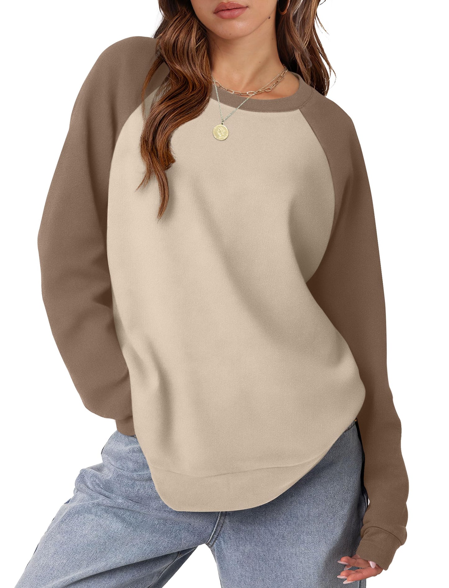 OFEEFAN Long Sleeve Shirts for Women Crewneck Sweatshirts Warm Winter Clothes Soft Khaki L