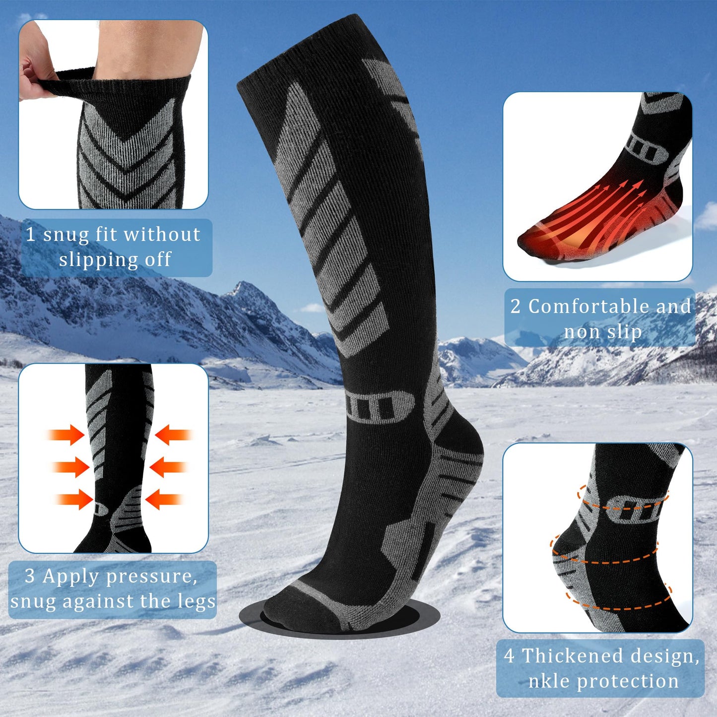 wanchel Merino Wool Ski Socks - 2 Pairs Knee High Skiing Socks, Winter Warm Snowboard Thermal Socks