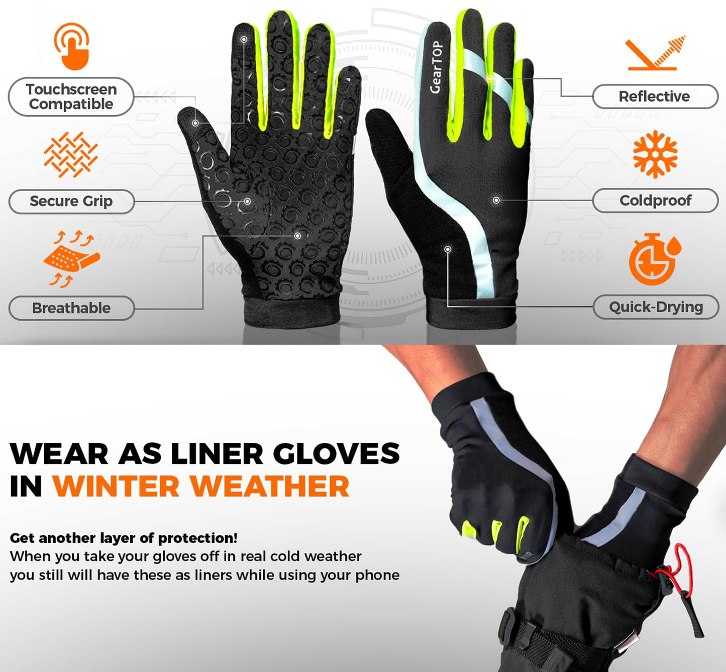 GearTOP Football Gloves Winter Gloves Liner for Men & Women, Touchscreen Gloves for Cold Weather, Warm Running, Cycling & Driving Gloves Women, Black Gloves Men with Touch Screen Fingers Reflective