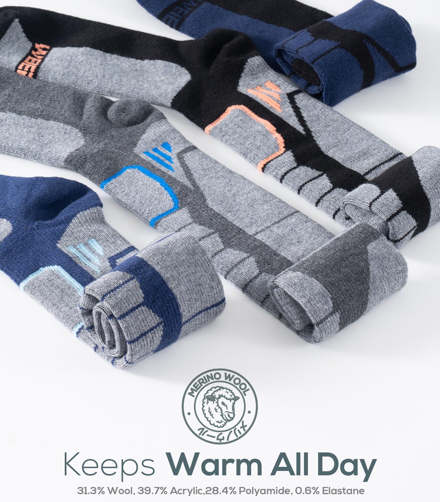 WEIERYA Ski Sock Merino Wool Ski Socks Mens Womens Skiing & Snowboarding Socks, Over The Calf, Grey Large 2 Items