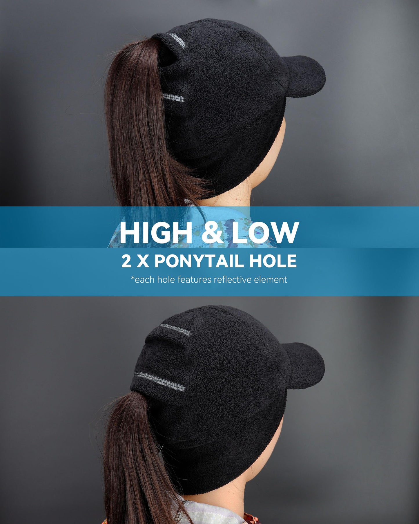 Gisdanchz Winter Running Gear for Women, Cold Weather Running Hat with Ponytail Hole Winter Ponytail Hat with Ear Flaps for Women Ladies Reflective Running Accessories Baseball Hat, Black XS/S
