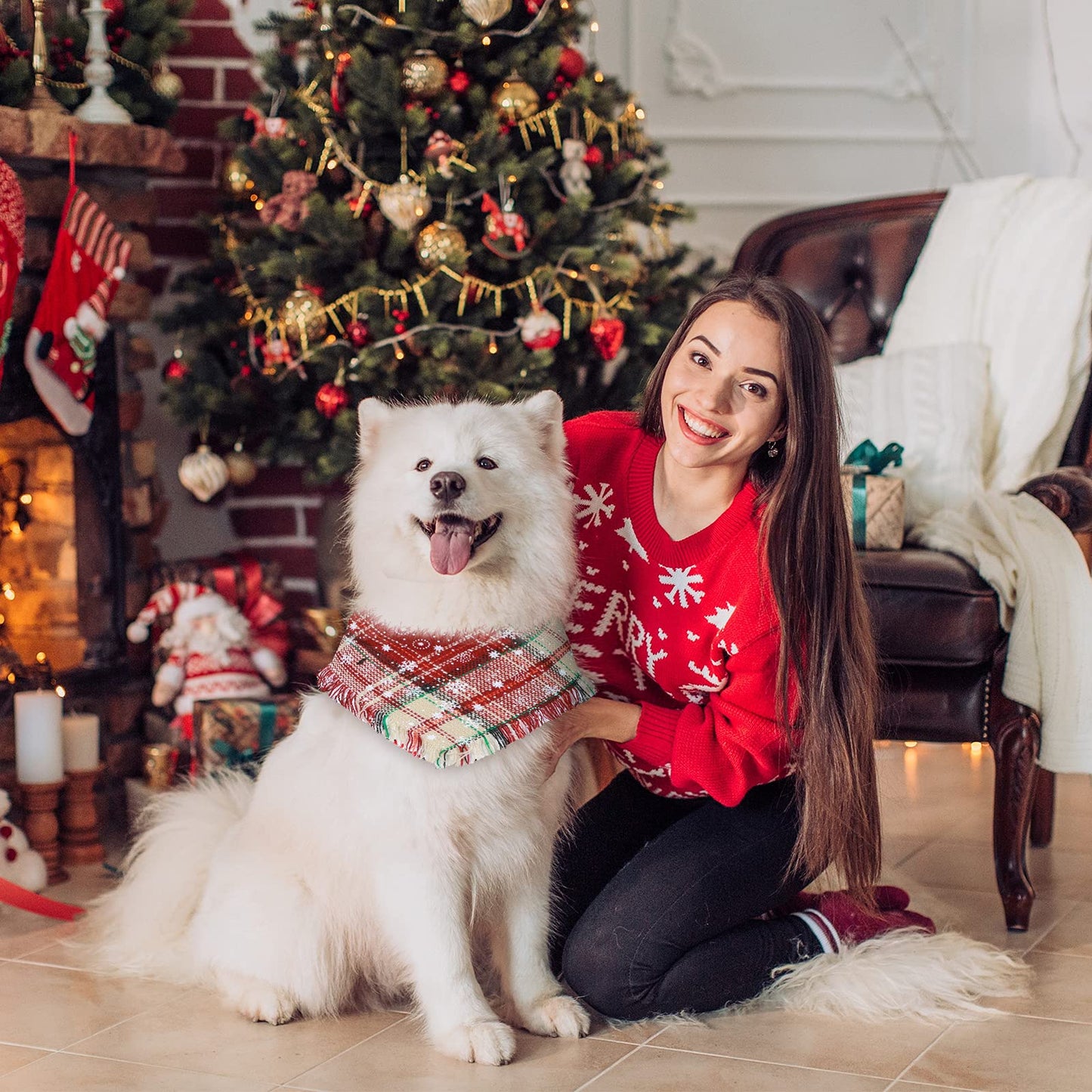 16 Pieces Christmas Dog Bandanas Bulk Classic Plaid Pet Scarf Triangle Puppy Bibs Kerchief Tassels Checked Handkerchief Winter Xmas Grooming Adjustable Accessories for Small Medium Large Dogs Cats