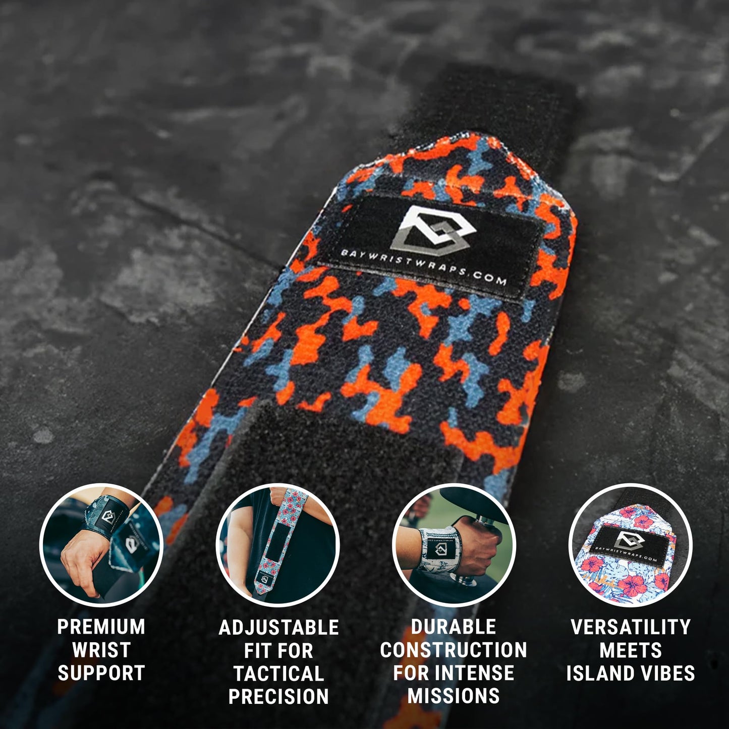 Bay Wrist Wraps Weightlifting Workout Wrist Brace - Adjustable, One Size Fits All - Comfort Wrist Wraps for Weightlifting with Thumb Loop, Lifting Wrist Straps in Orange Camo - 18-inch Wrist Wrap
